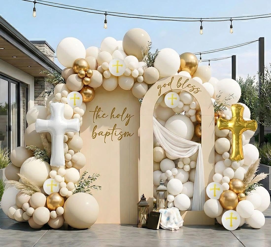 Neutral Baptism Balloon Decoration Kit with 2 Cross Foil Balloons, Double Stuffed Sand White Ivory Gold Balloon Arch Garland for First Holy Communion, Christening, God Bless Party Supplies