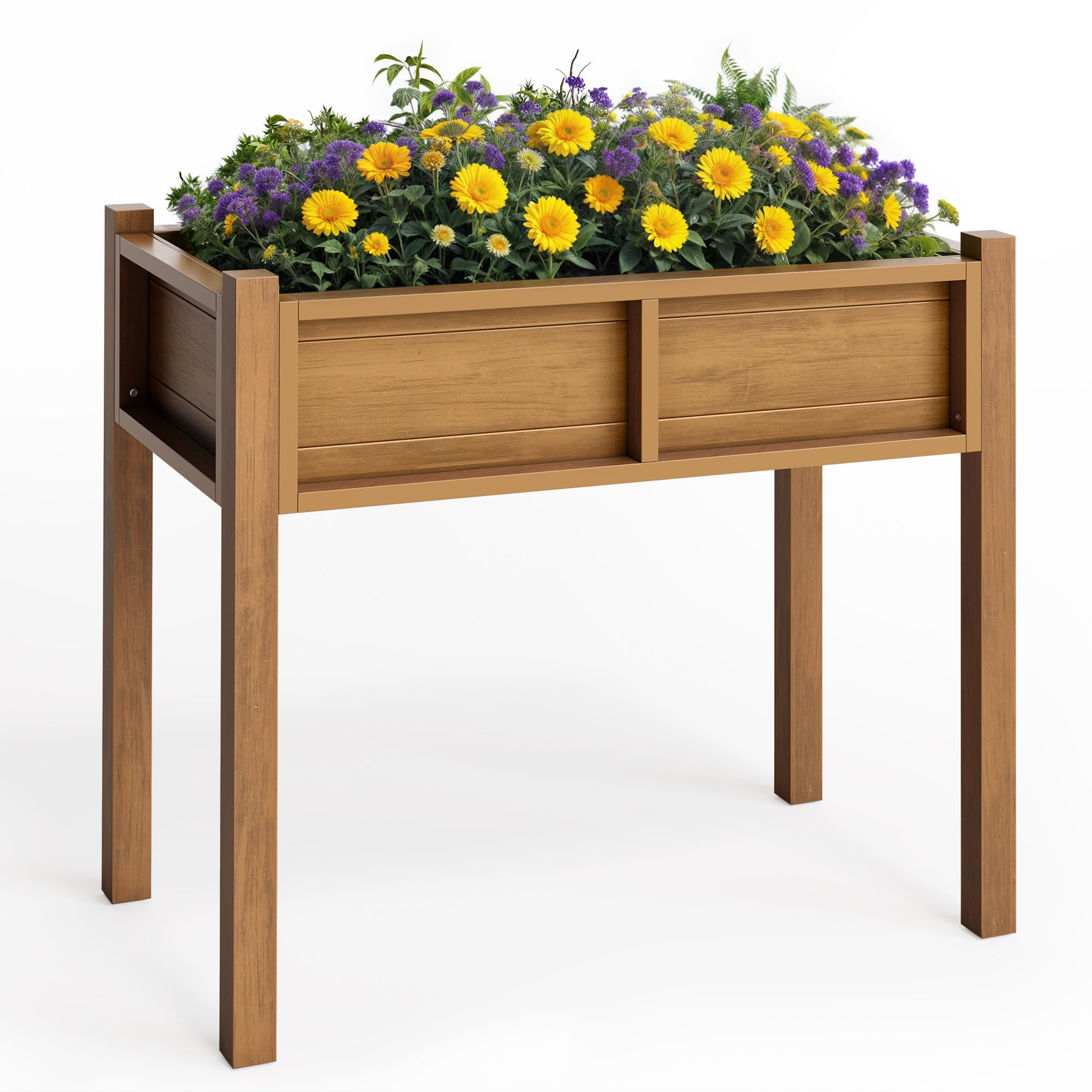 YITAHOME Raised Garden Bed, HIPS Poly Wood Elevated Planter Box with Legs and Drainage Hole, Small Flower Box Stand for Patio Balcony Garden Backyard, Teak