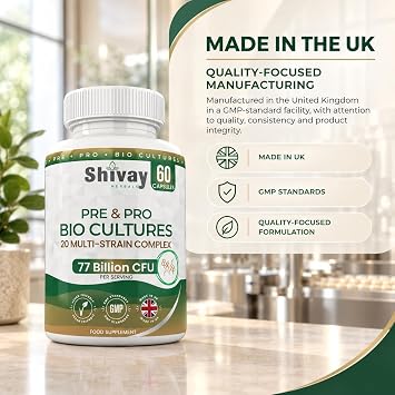 Bio Cultures Complex Supplement | 77 Billion CFU Per Serving | 20 Multi-Biotic Strains | 60 Vegan Capsules – 1 Month Supply | UK Made – Shivay Herbals