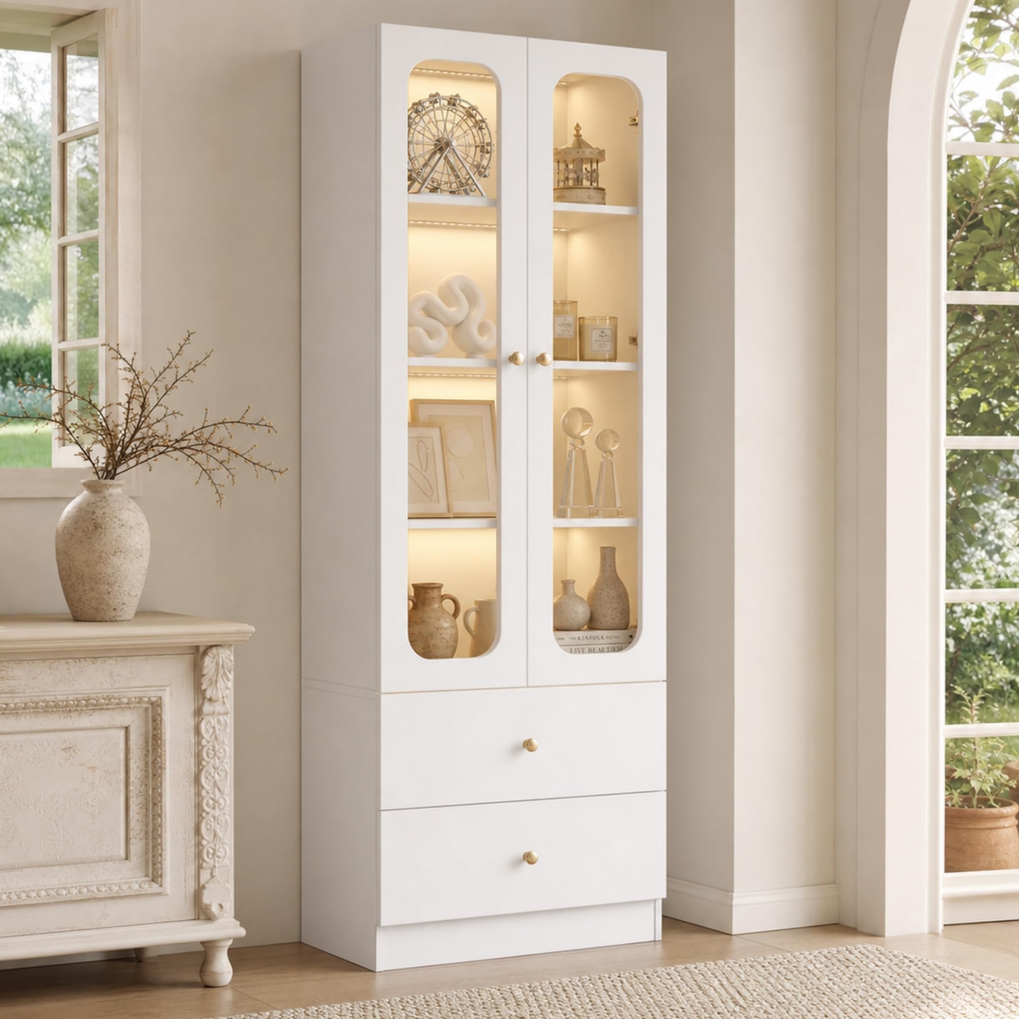 Vitrina de cristal blanco, armario de cocina, vitrina coleccionable, 4 niveles, armario de juguetes con 2 cajones, asas de metal doradas, 60 x 35 x 170 cm