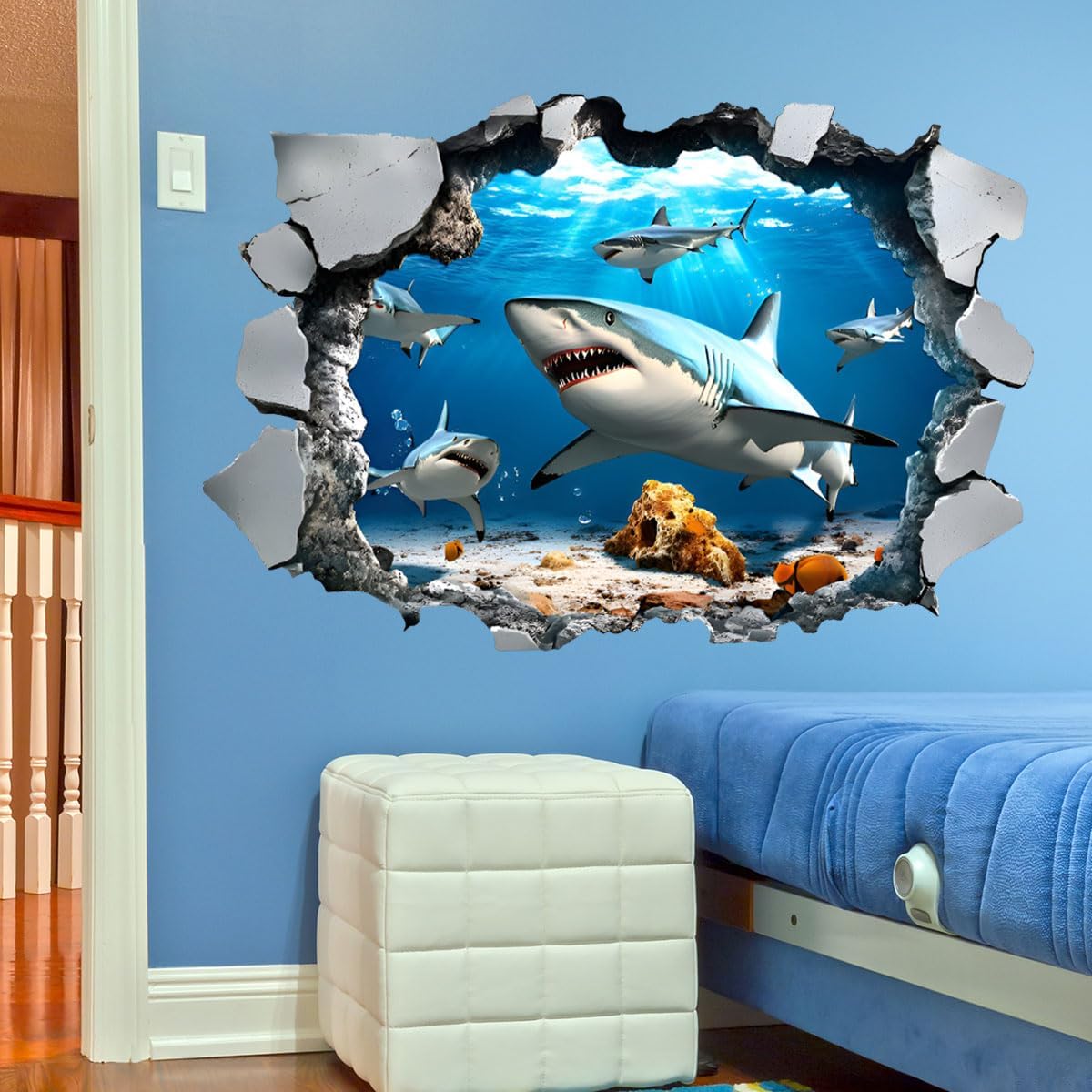 Runtoo 3D Shark Wall Decals Large Realistic Under The Sea Wall Stickers for Boys Kids Bedroom Bathroom Decor
