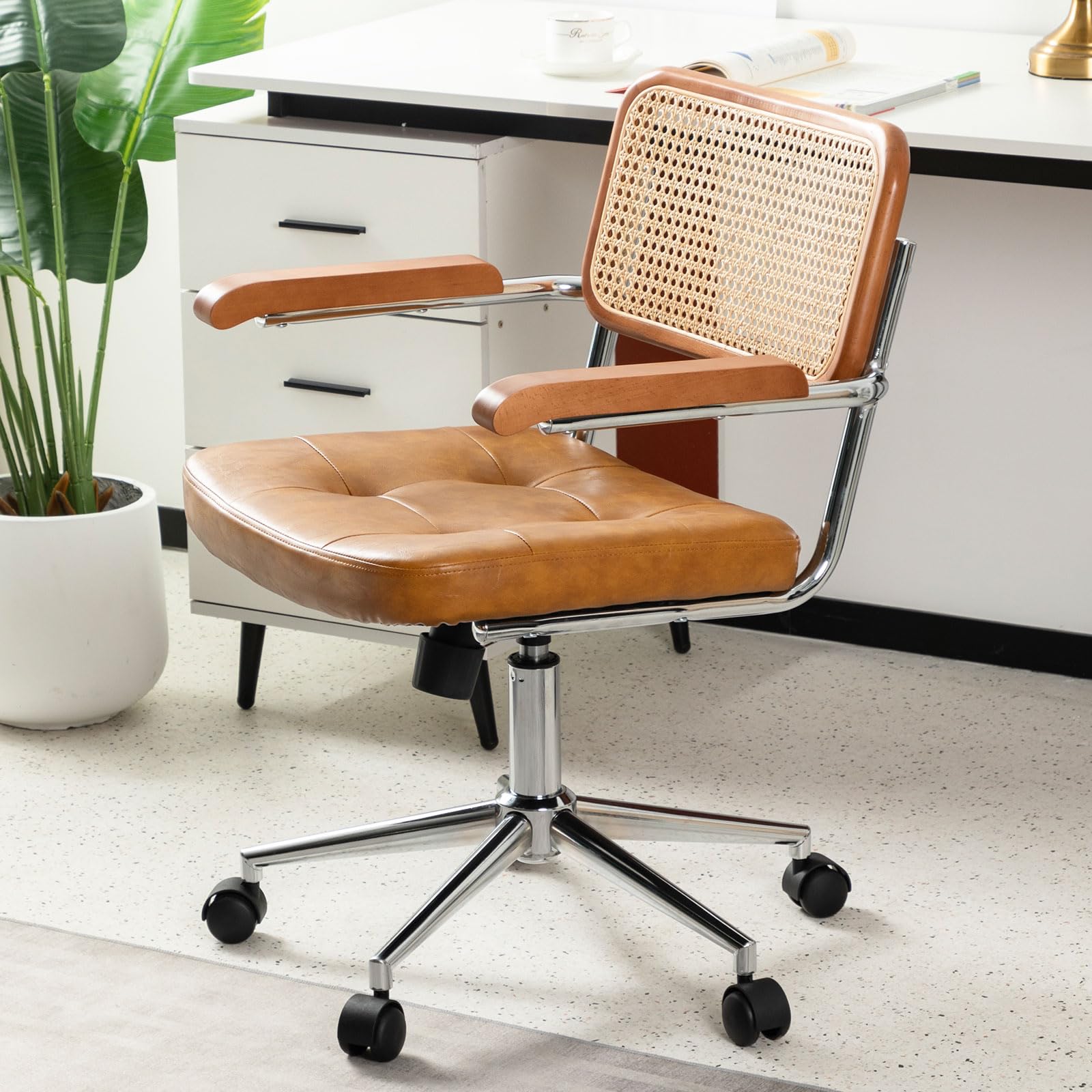 Rattan Office Chairs, Modern Rattan Desk Chair with Natural Back & Wood Armrest, Small Upholstered Tufted Leather Home Office Desk Chairs for Home Ofice, Bedroom, Study, Brown