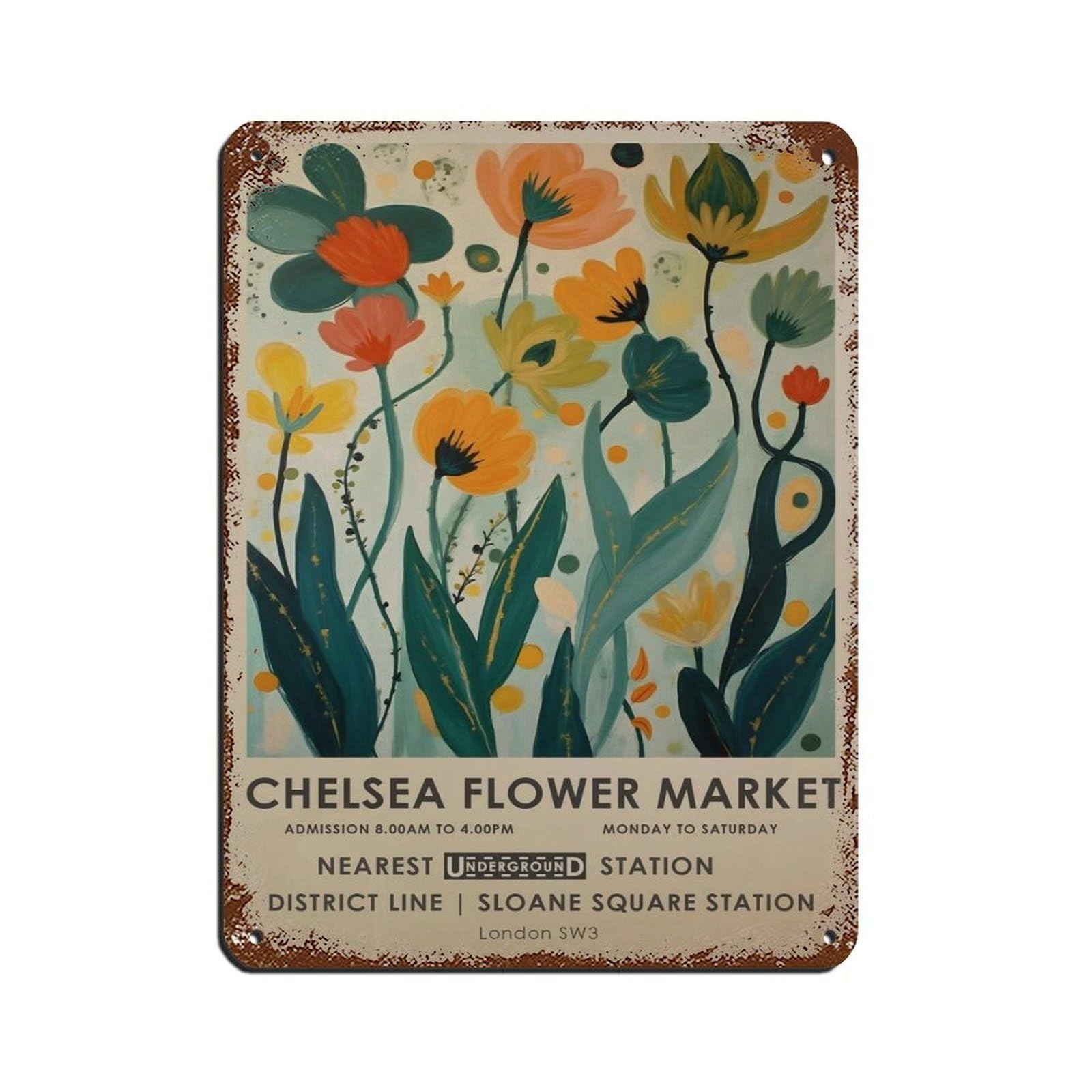 Chelsea Flower Market,vintage Orange And Teal Botanical Tin Sign Vintage Metal Pub Club Cafe Bar Home Wall Art Decoration Poster Retro 12x16inch(30x40cm)