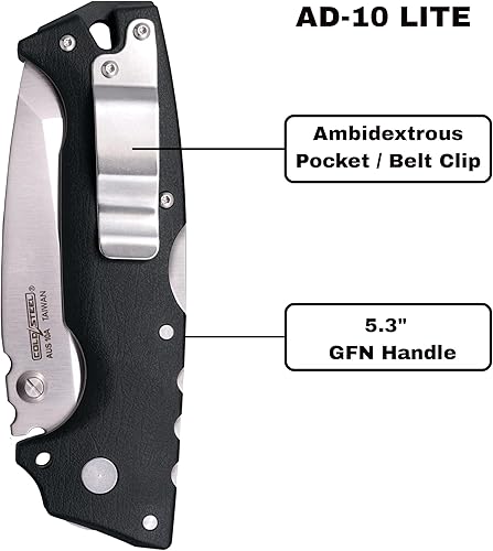 Miniatura 5 de Cold Steel AD-10 Lite 3.5" AUS10A Cuchillo plegable táctico con mango GFN de 5.25 pulgadas con mecanismo de bloqueo Tri-Ad