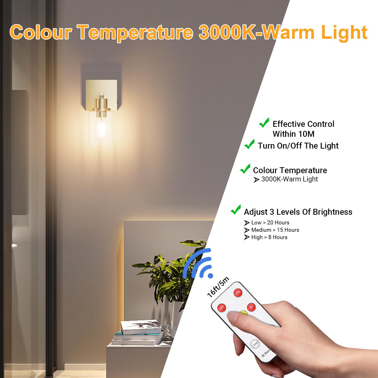 Klighten 6000mAh Kabellos Akku Wandleuchte mit Fernbedienung,2PCS Aufladbare Wandleuchte,Batterie Wandleuchten Innen mit Glasschirm,Wandlampe akku 3000K Warmweiß,für Wohnzimmer Mit Glühbirne,Gold