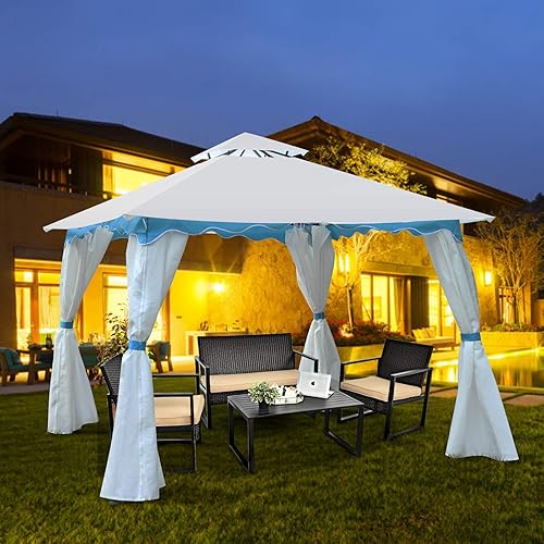 Miniatura 2 de Tangkula Gazebo de acero para patio de 10 x 10 pies, carpa para exteriores con paredes laterales, cremalleras, techo ventilado de 2 niveles, ribete