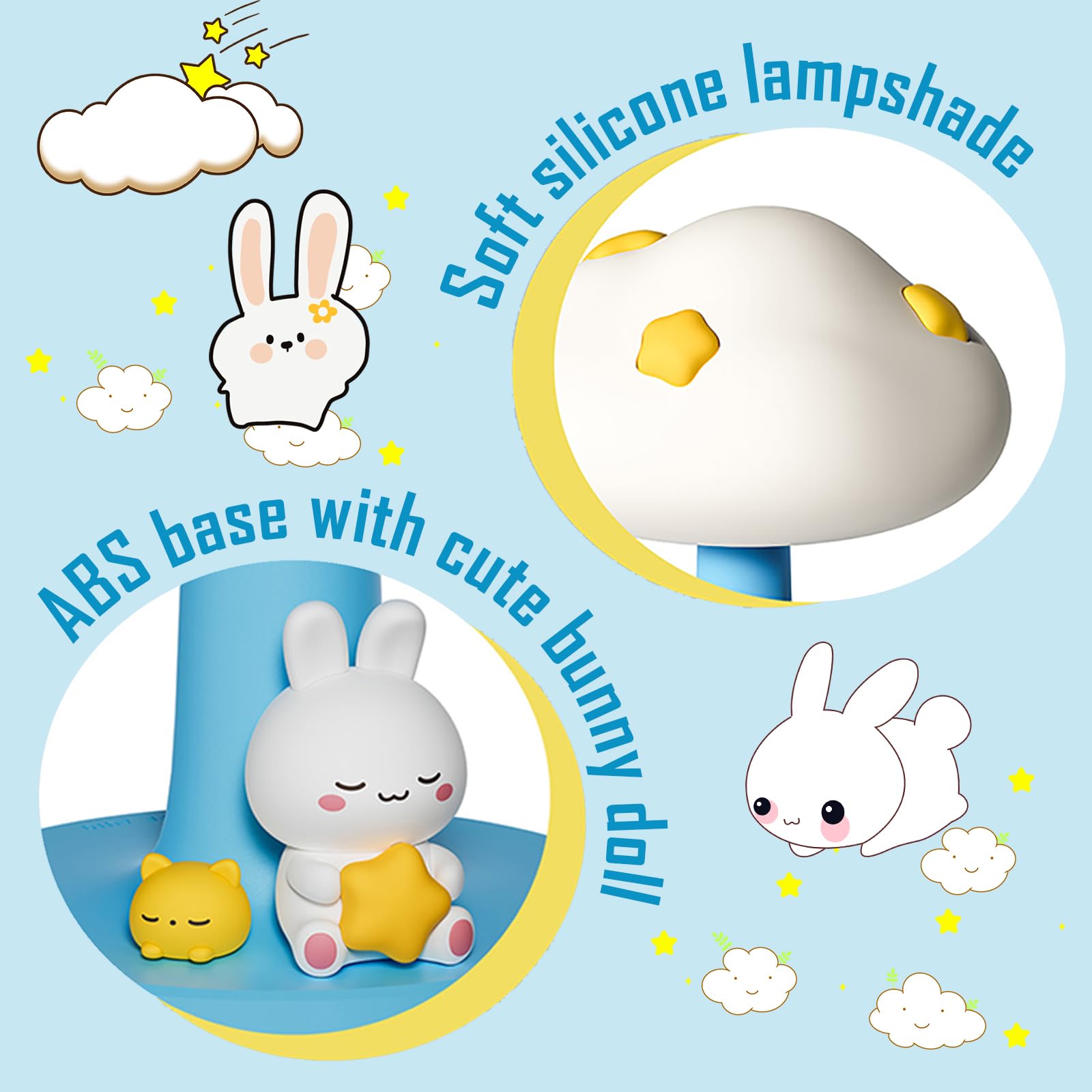 Cloud and Bunny Wiederaufladbares Nachtlicht, Sicheres Weiches Silikonmaterial, 3 Helligkeitsstufen, Tap Control, Warmes Licht, Kleinkind Schlaflampe, Schlafzimmer Nachtlampe (Wolke und Hase)