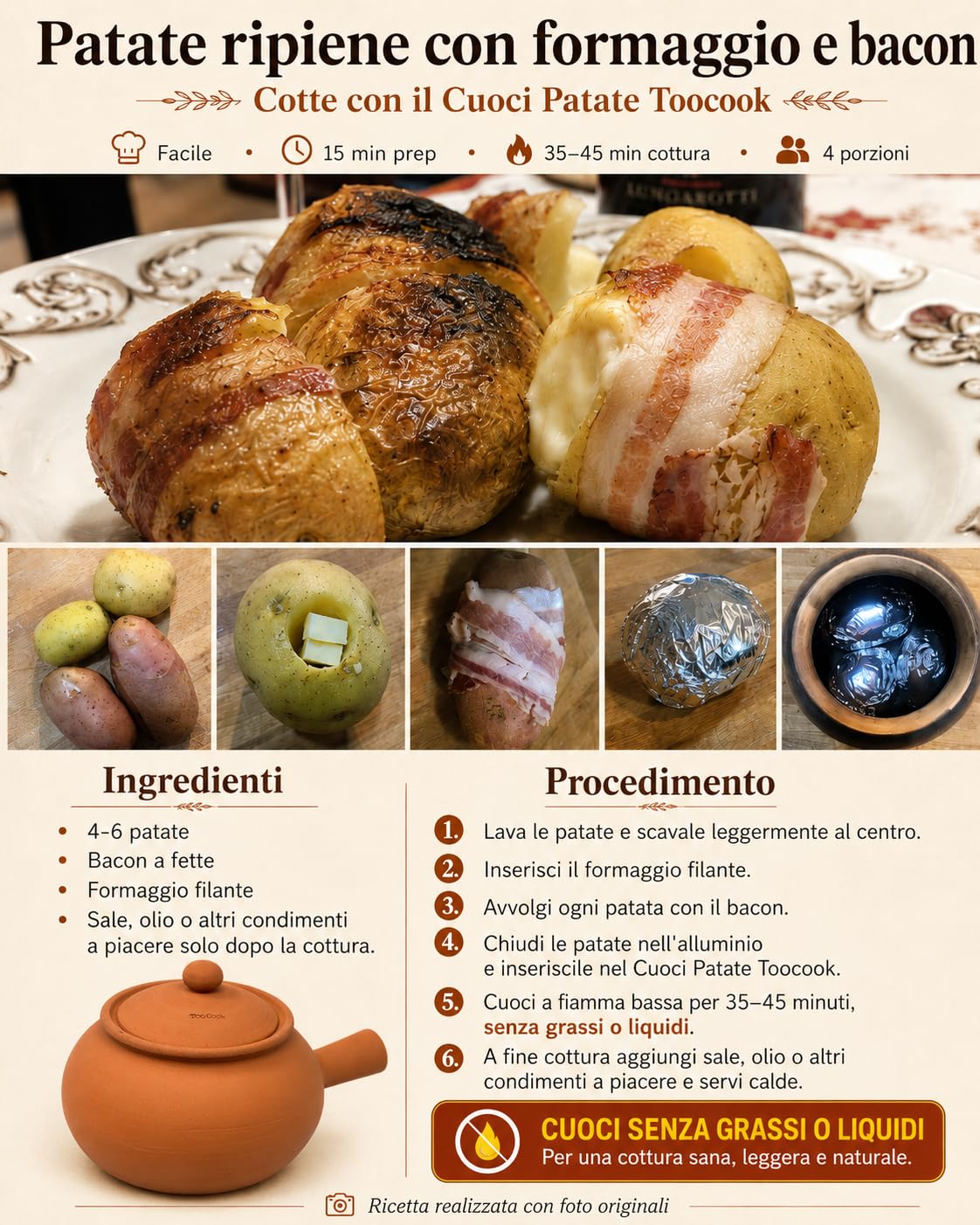 Toocook Cuoci Patate e Castagne in Terracotta Cucina Semplice Naturale No Grassi e senza alterare le proprietà del cibo Made in Italy 100%
