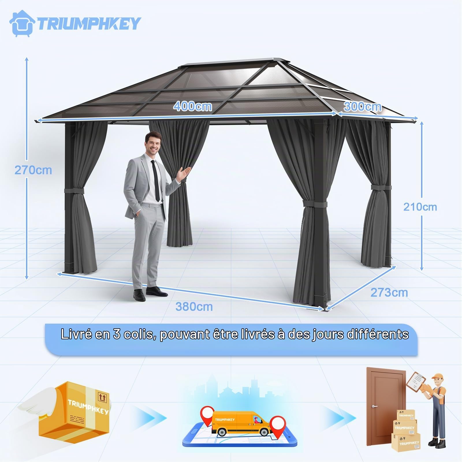 TRIUMPHKEY Tonnelle de Jardin 3x4 Imperméable,Gazebo de Impermeable Panneau de Protection Solaire Double pc Uv50+, Tonnelle de Jardin Extereur en Aluminum, Barnum Gris