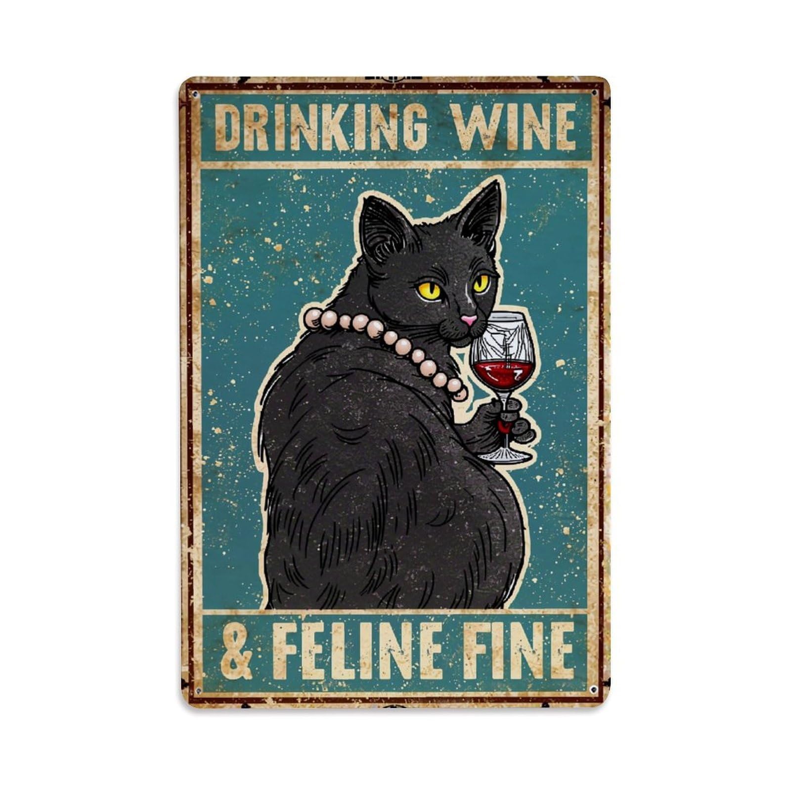 Bliveurn Vintage Black Cat Drinking Wine Poster Retro Metal Tin Sign, Metal Poster For Home, Gaming Room, Studio Workshop,Bar,Garage Wall Art Decor 8X12 Inch