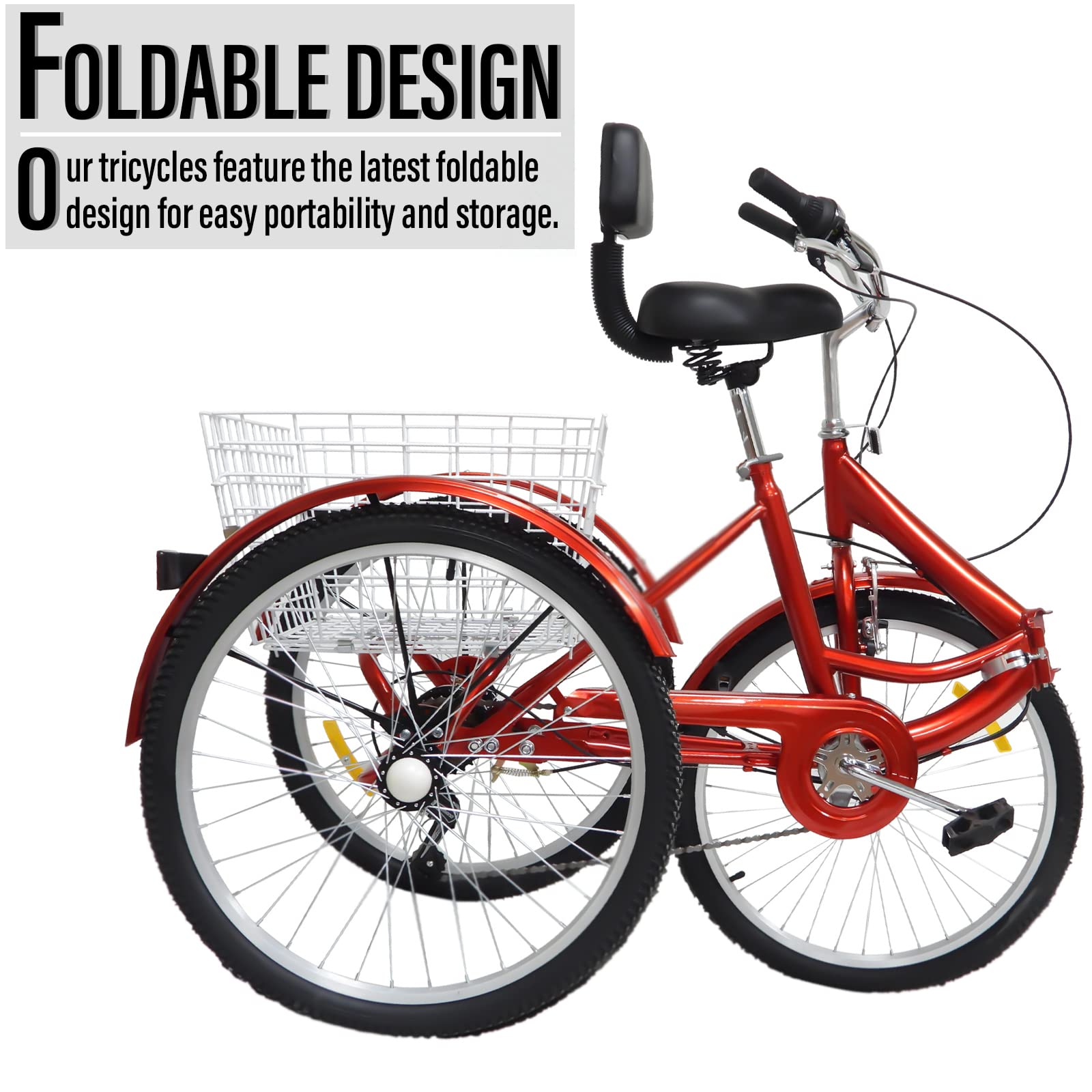 Tricycle Adulte 24" Tricycle Pliant de 24 Pouces pour Adultes Seniors Vélo Cruiser à 3 Roues avec Panier 7 Vitesses Siège Confortable avec Dossier