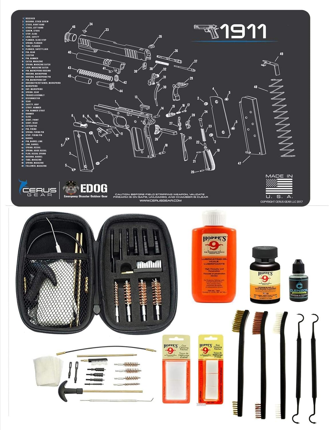 EDOG Range Warrior 27 Pc Gun Cleaning Kit - Compatible with 1911 - Schematic (Exploded View) Mat, Range Warrior Universal .22 9mm - .45 Kit & Tac Book Accessories Set