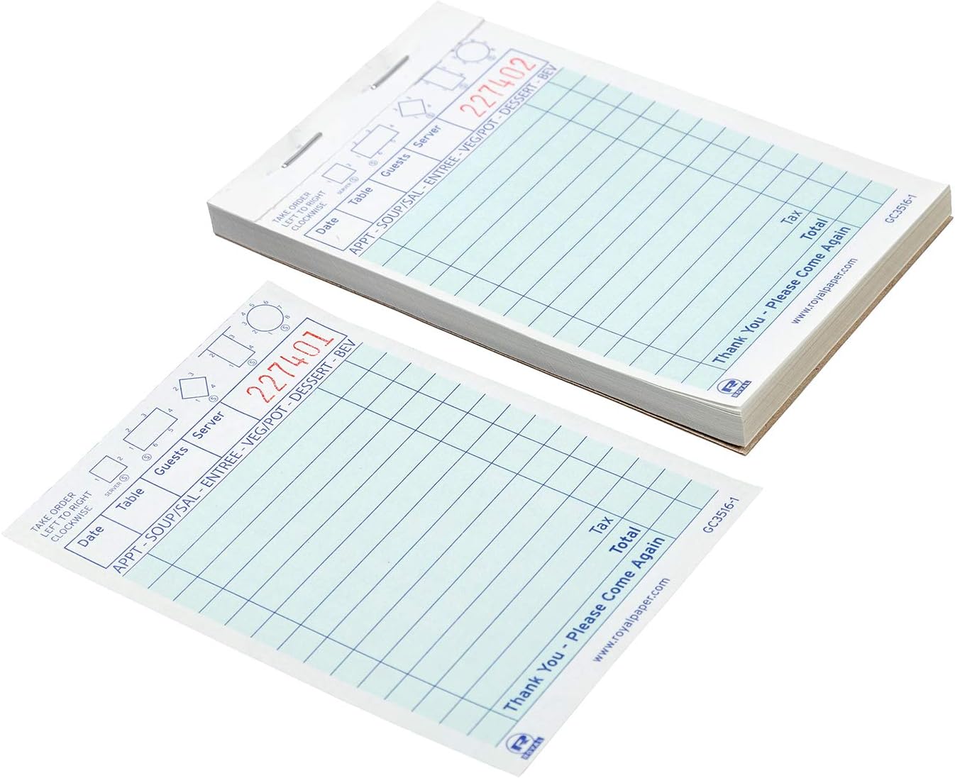 Royal AmerCare Green Guest Check Paper Receipt Book, Carbonless Order Book with 14 Lines, 1 Part Booked, Case of 100 Server Notepad Books