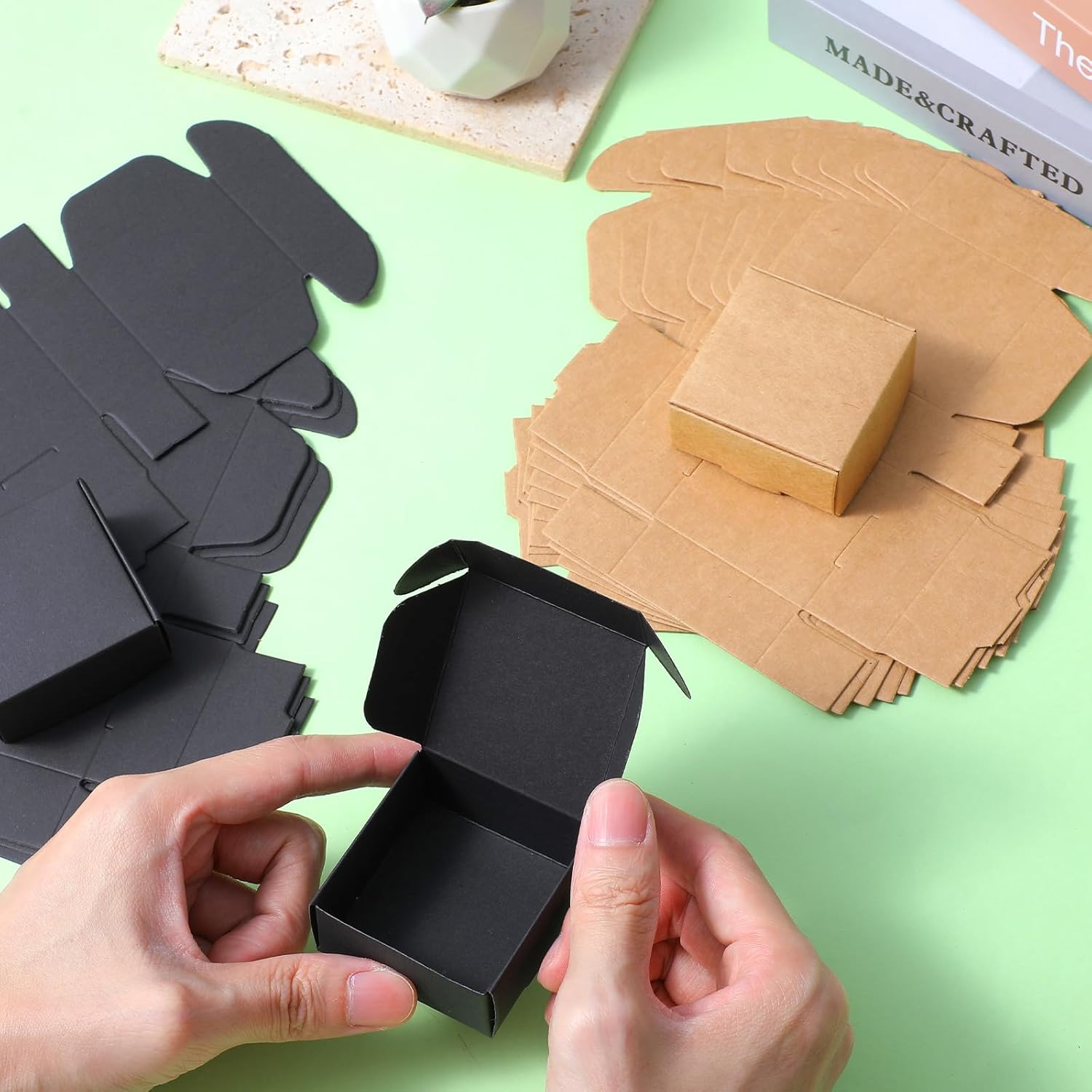 HOFURME 200 Pcs Mini Cardboard Boxes with Lid, Small Cardboard Boxes for Crafts, 2.16''x2.16''x1'' Tiny Box Bulk for Jewelry Earrings Ring Party Favors (Black & Brown)