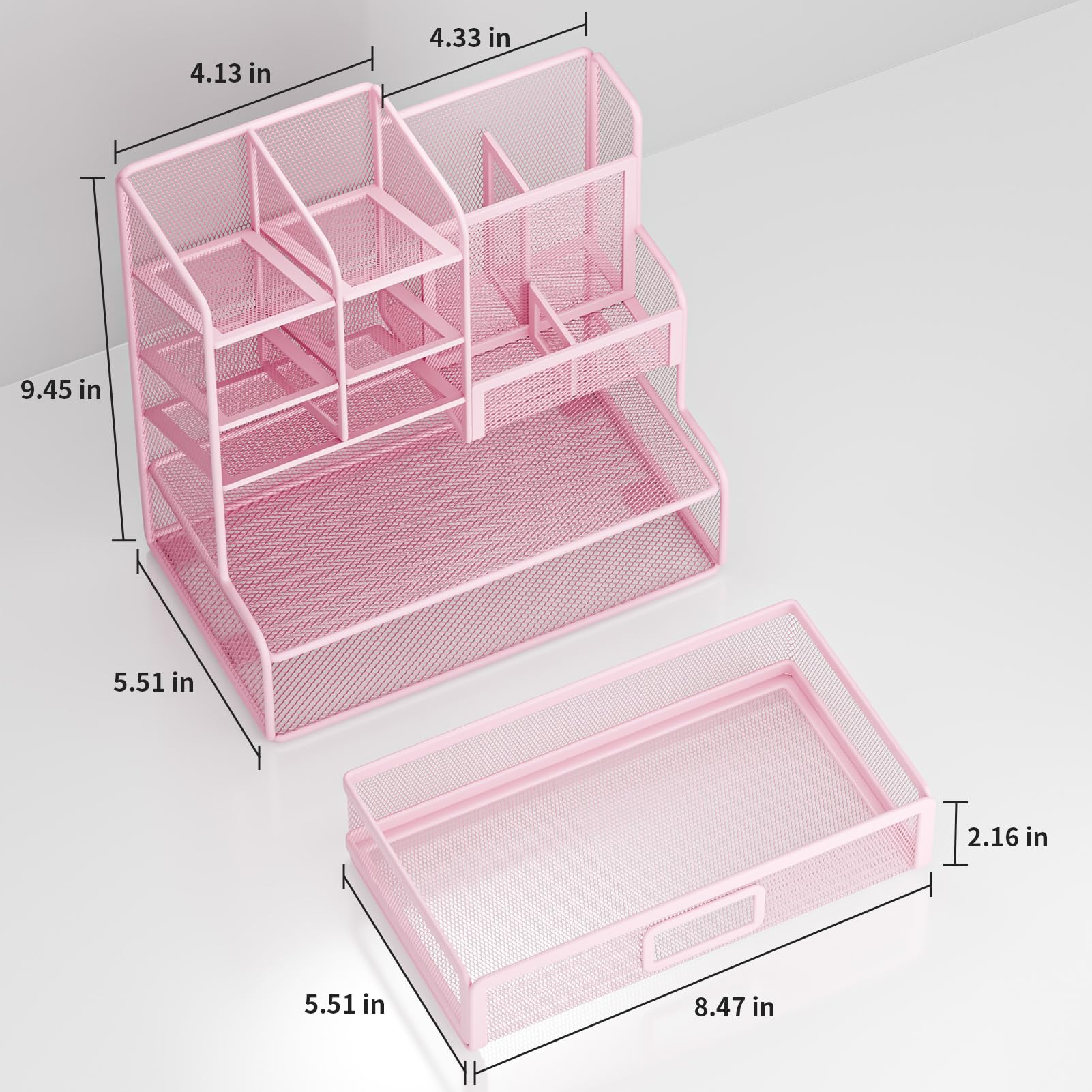 Portapenne da Scrivania, Organizer Scrivania in Rete, Organizer per Cancelleria, Portapenne Multifunzionale con cassetto per casa e ufficio (rosa)