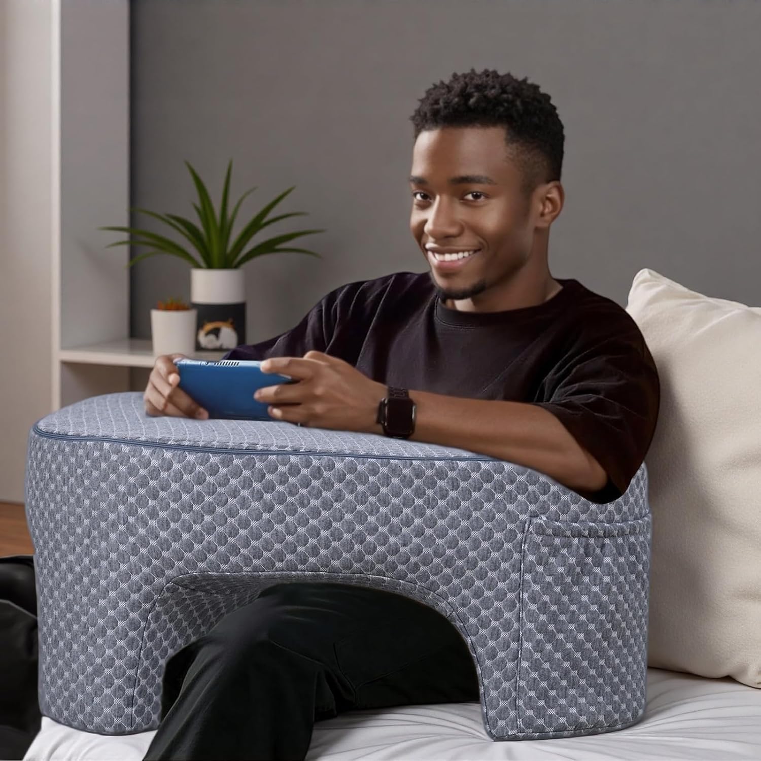 Reading Pillow with 2 Side Pockets,Arm Rest Pillow for Loptop,Memory Foam Reading Pillows for Gaming,Working, Crocheting,Removable and Washable Cover,Unique 3-Leg Design for Enhanced Stability