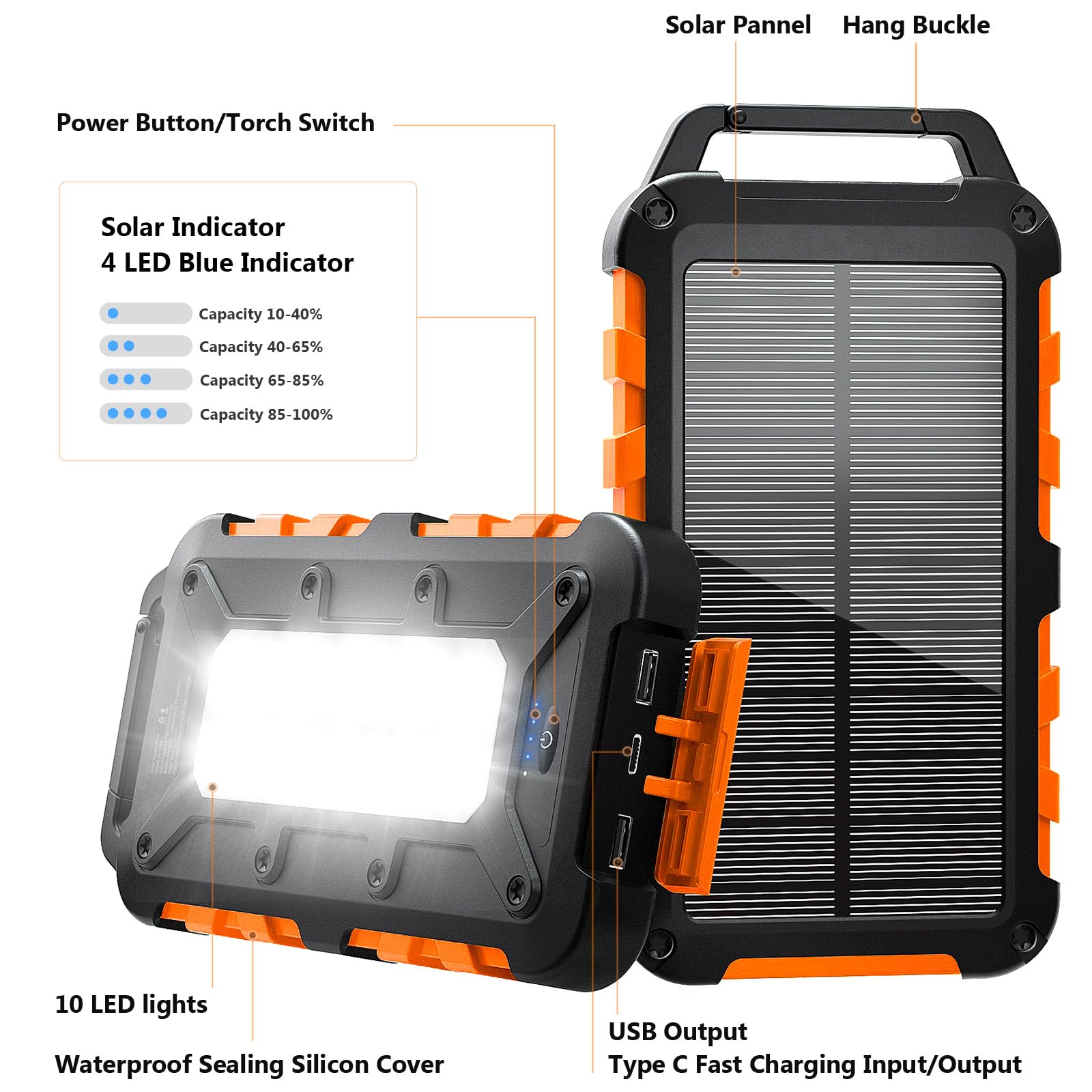 Batteria esterna solare 10000 mAh PD 15 W caricatore solare con 2 porte USB e ingresso USB-C ricarica rapida solare power bank impermeabile compatibile con telefono tablet campeggio, arancione