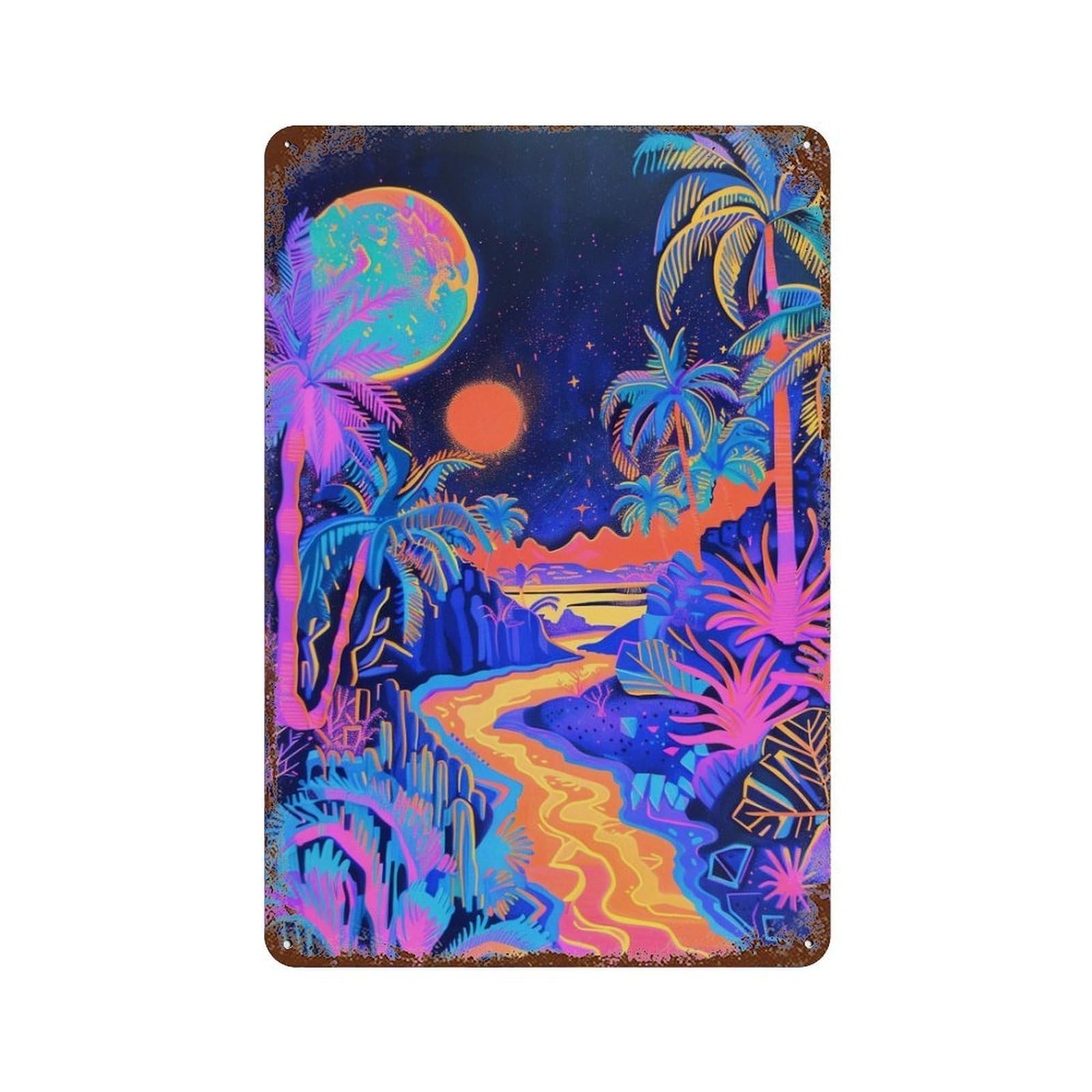 Neon Tropical Night Scene Vintage Rust Metal Sign 11.8"x7.9", Shabby Chic Decor for Living Room, Hallway And Home Decor
