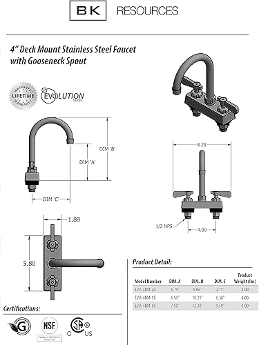 Miniatura 2 de BK Resource s Evolution Series grifo de cocina comercial de 4", 5.0 in diseño de cuello de cisne, NSF, para montar en la cubierta, T-304 de acero