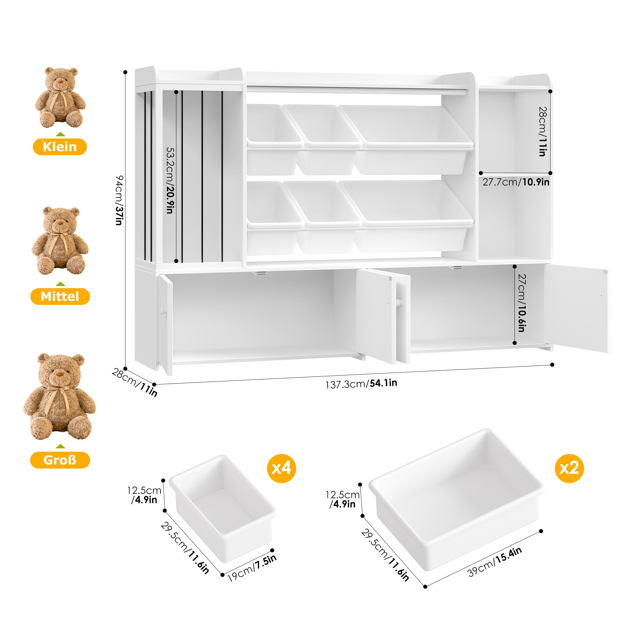 FOREHILL 137cm Breit Kinderregal, Kuscheltier Aufbewahrung, Bücherregal Kinder mit 6 Spielzeugkisten, Spielzeugregal, Kinderzimmer Möbel,Wohnzimmer,Schlafzimmer 137,3x28x94cm Weiß
