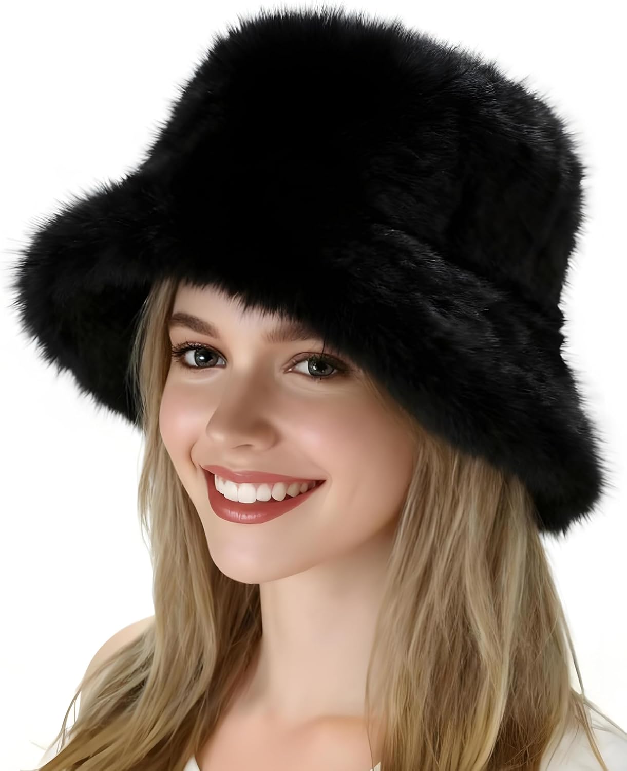 Dolkoic Winter Faux Fur Bucket Hats for Adults Fuzzy Warm Hat Woman Men Fisherman Cap for Christmas New Year Halloween Trips Sports Skiing Black - Image 2