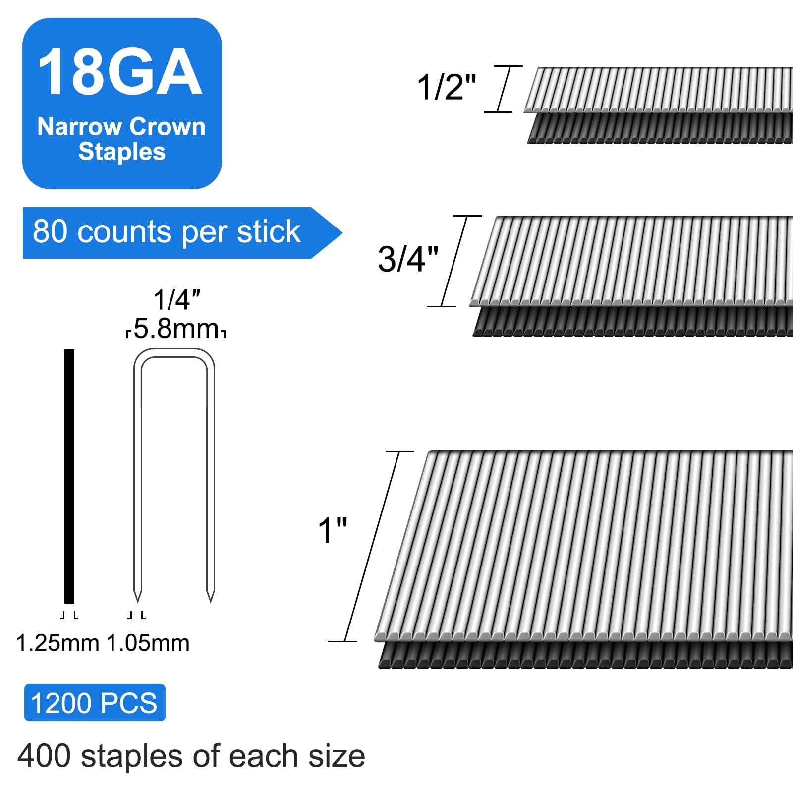 Grapas de acero inoxidable 304 de calibre 18 de 1/4 pulgadas de corona estrecha (1 pulgada, 3/4 pulgadas, 1/2 pulgadas), surtido de 1200 unidades para grapadora neumática o eléctrica de 18 GA o
