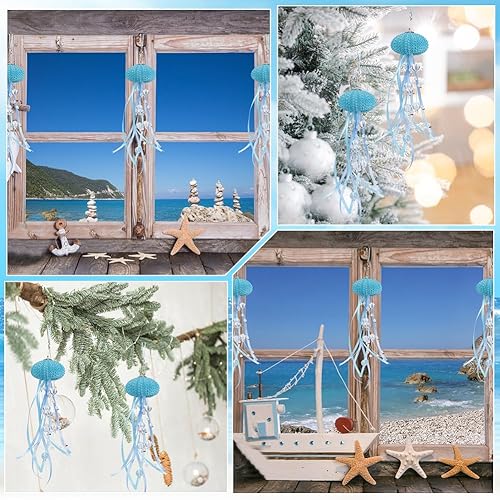 Miniatura 4 de GORGECRAFT 6 adornos de medusas de erizo de mar, diseño costero con cuentas, tema de playa, decoración de árbol de Navidad, decoración de medusas