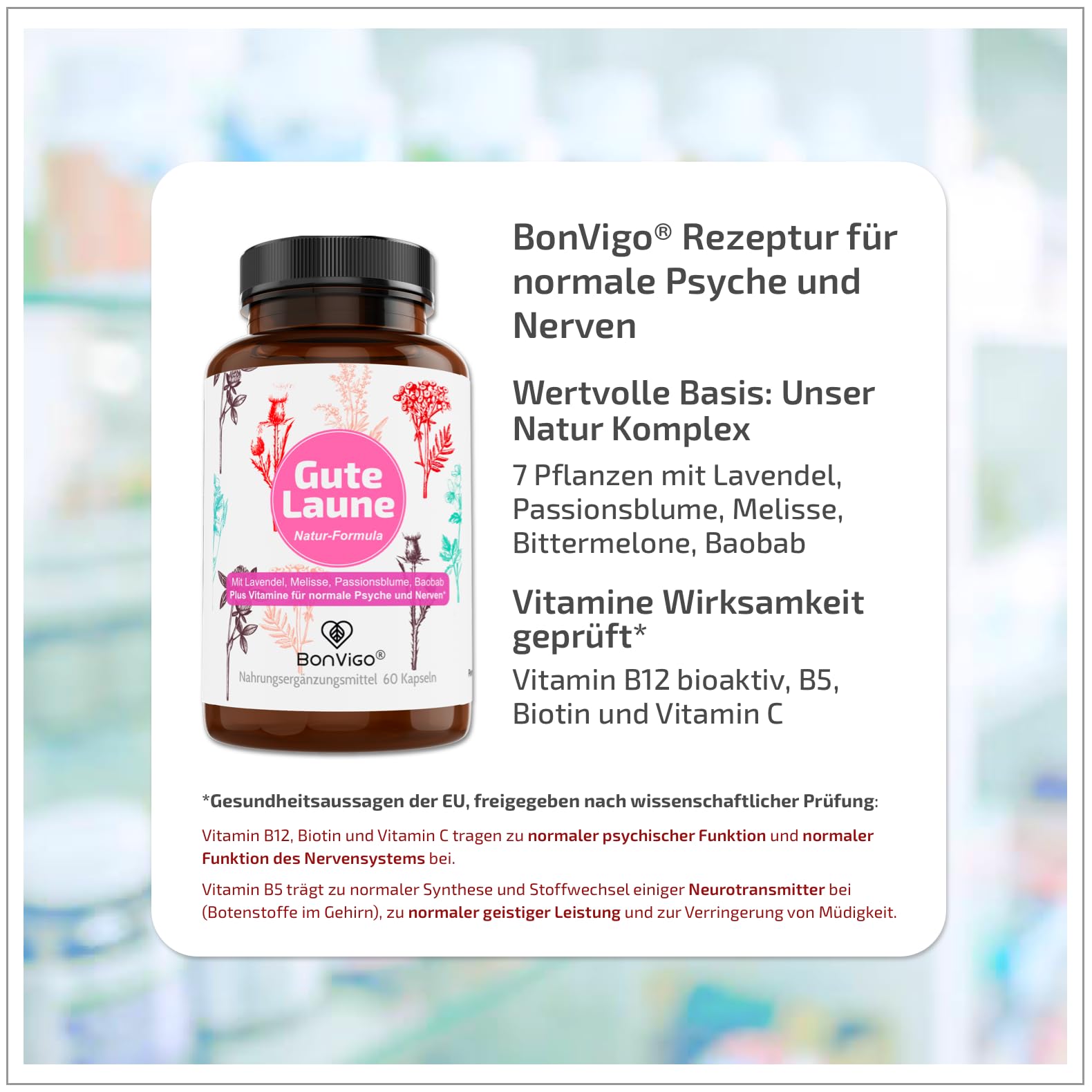 GUTE LAUNE - Normale Funktion Nervensystem & Psyche unterstützen (Vit. B7 B12), die Gehirn-Botenstoffe (Vit. B5) - Natur-Komplex Lavendel Passionsblume Melisse, Tryptophan, 120 Kapseln