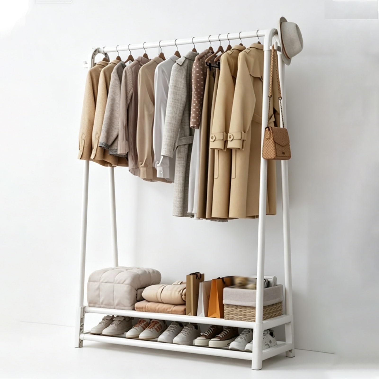 YAOHY Rack for Hanging Clothes, Freestanding Metal Clothes Rack, Sturdy Clothing Racks With Shelf, Clothing Organizer for Bedroom, Apartment,Small Spaces(White,Two stories,43.3in/110cm)