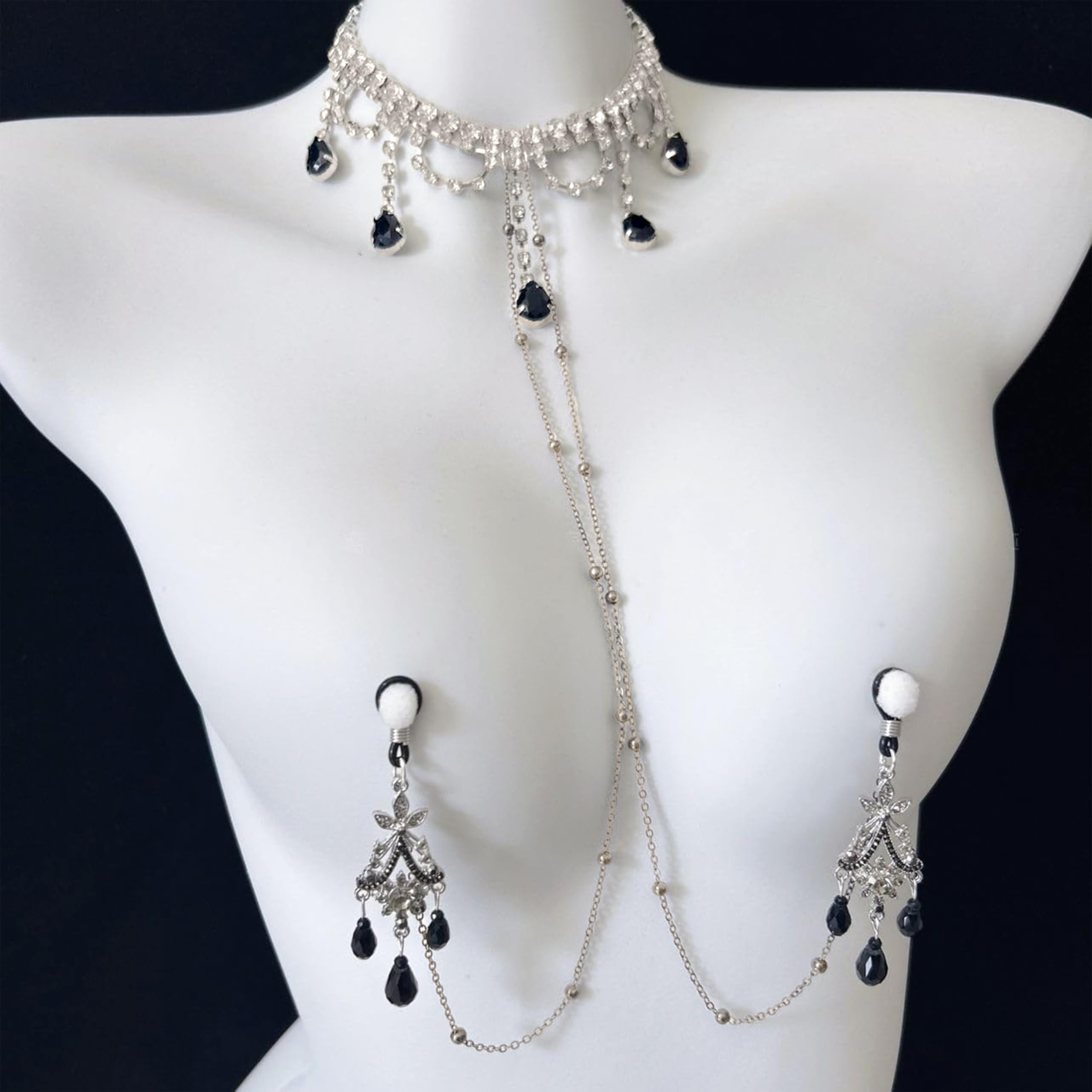 Baroque Black Swan Nipple Clamps with Chain Necklace - Adjustable Non-Piercing Sensory Toys for Women, Beginners Sensual Play (): Nipple Rings(silver)