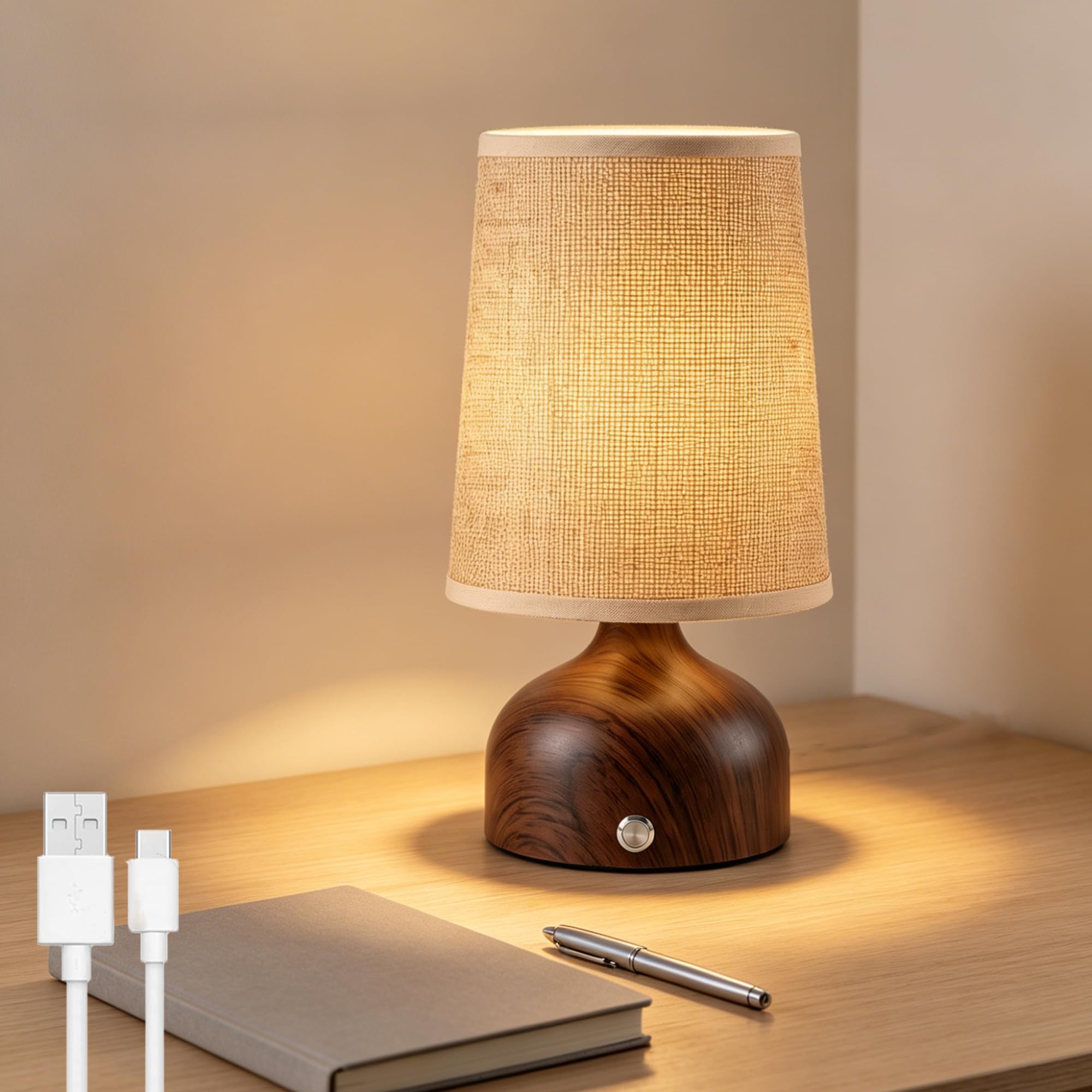 OOWOKS Cordless Bedside Lamp Retro Table Lamp Woodeffect USB Rechargeable with Fabric Shade Warm Light Rechargeable Table Light Dimmable Touch Lamp Cordless 2600mAh Battery Bedroom Lamp Bedside Lamp