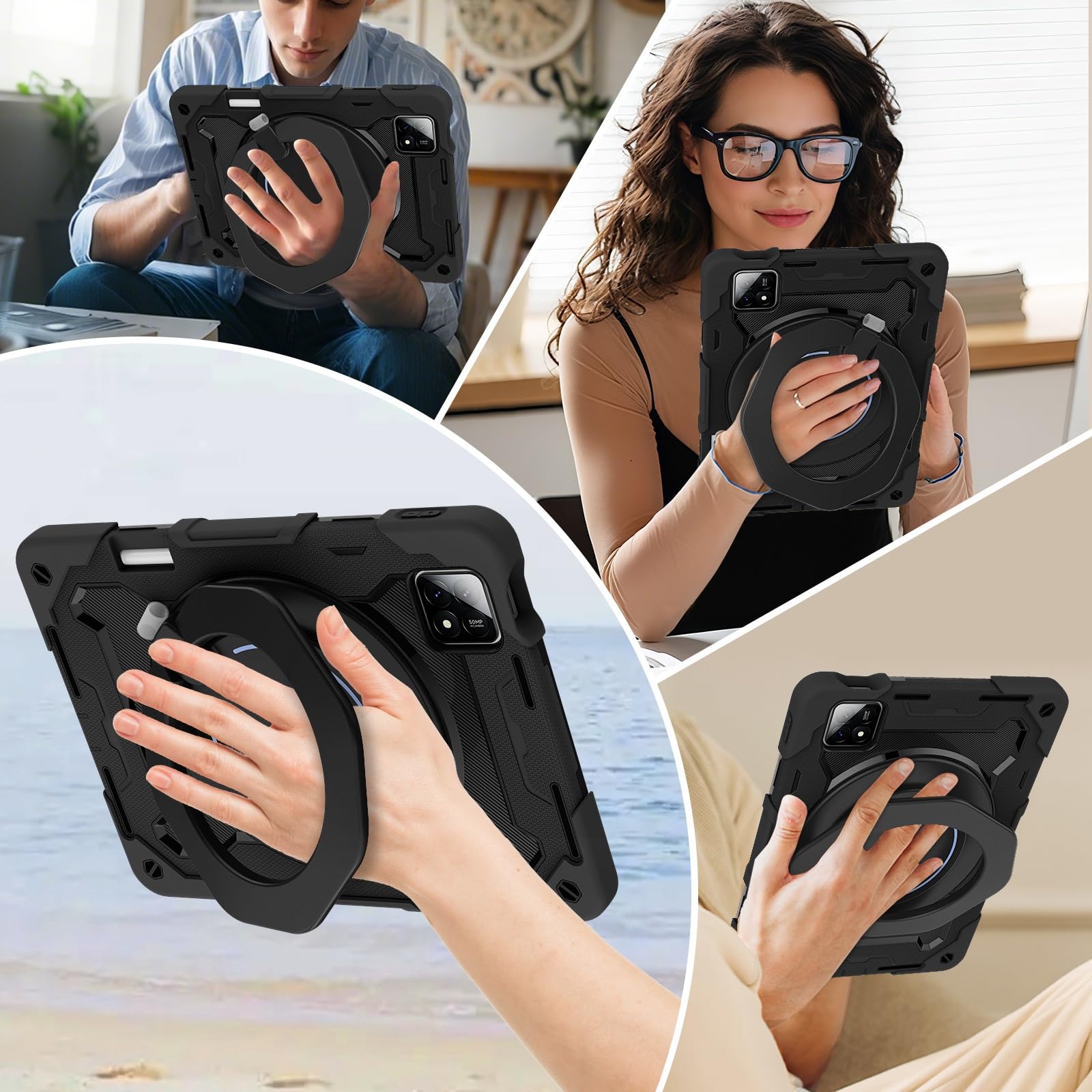 Funda protectora completa resistente para Xiaomi Pad 6S Pro de 12.4 pulgadas (versión 2024), soporte giratorio de 360°, correa para el hombro, soporte para lápices y anillo de asa, funda a prueba de