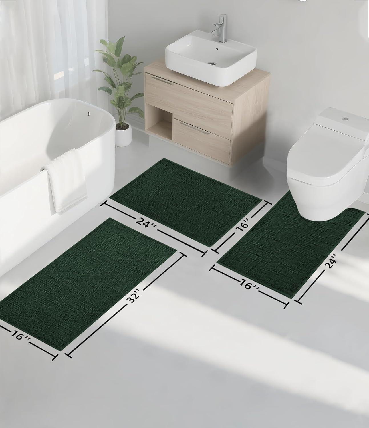 YIHOUSE Bathroom Rug Set 3 Piece Green, Non Slip Bath Mats Sets of 3 Quick Dry, Absorbent Washable Thin Bathroom Rugs Fit Under Door for Elder, Sink, Laundry - Image 2