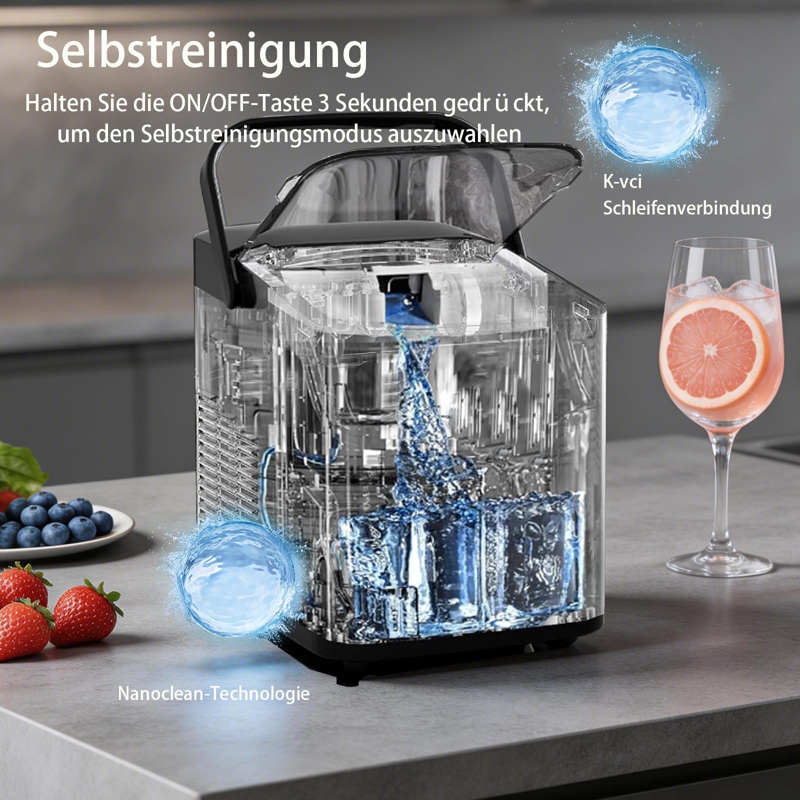 Eiswürfelmaschine 24 Stunden, 9 Eiswürfeln in nur 6 Min., 2 Größen von Bullet Ice, Selbstreinigender Eiswürfelbereiter Kleine 14kg, Mit Tragegriff, Eisschaufel u. Korb, Ice Maker für Party Büro RV