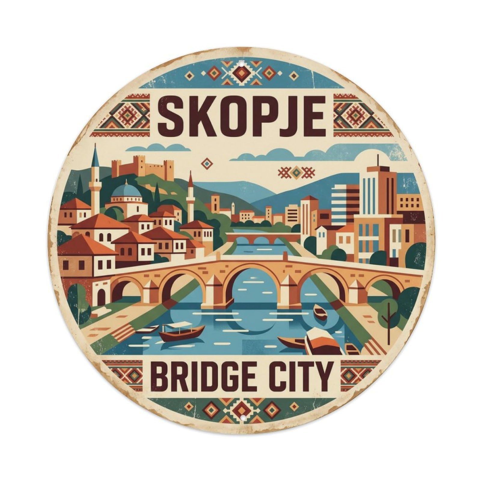 Vintage Travel Bridge Skopje Macedonia Metal Tin Sign Plaque Wall Decor for Cafe, Club Bar, Office, Home Garden Round Metal Poster 8x8Inch
