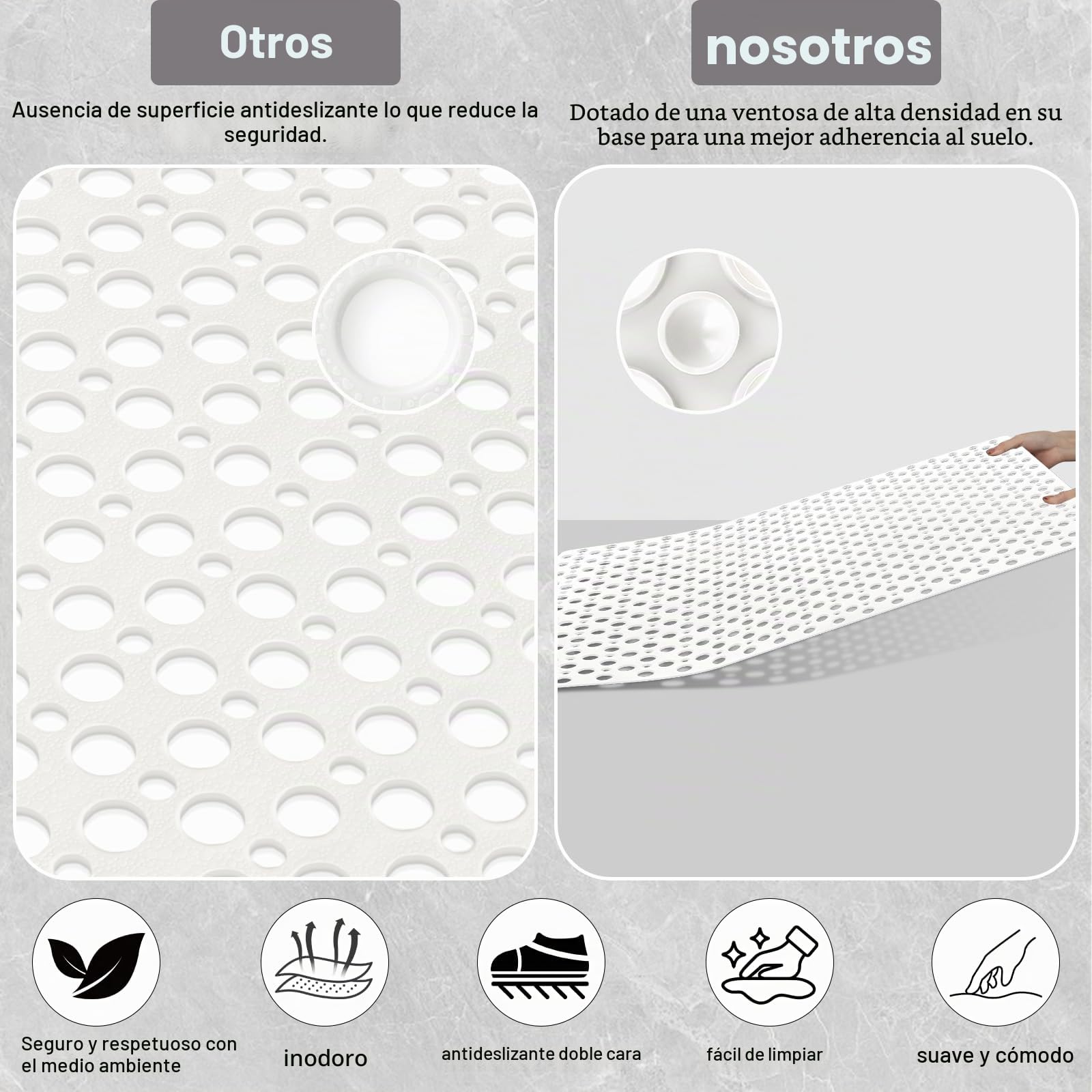 Alfombra de ducha antideslizante, gran alfombra de baño cuadrada, 60 x 90 cm, con ventosas, alfombra de bañera antibacteriana lavable para la ducha