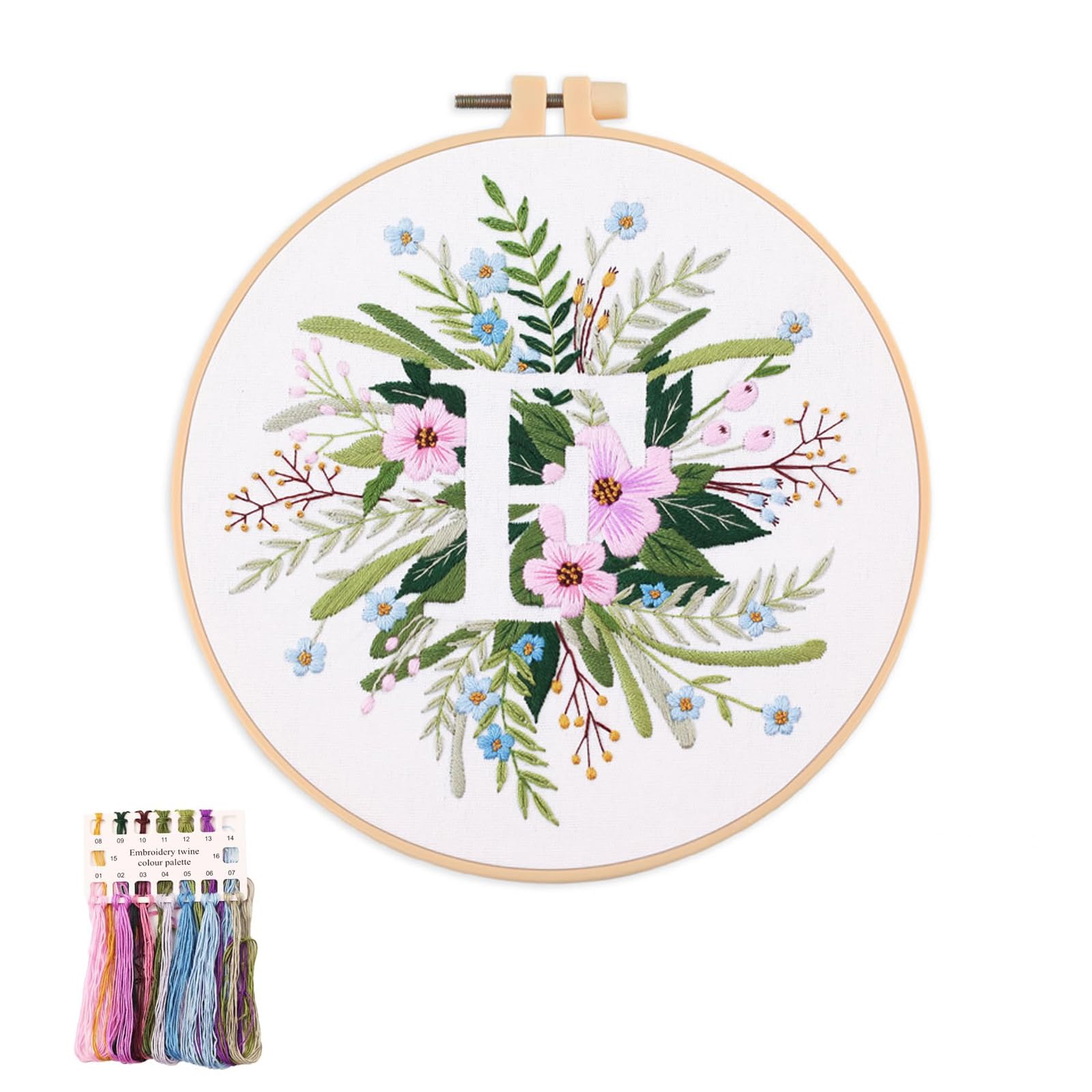 artcici Embroidery Kits Plant Flower Leaf English Letter Patterns for Beginners Adults, Full Range Embroidery Starter Kits Cross Stitch Needlework Supplies (Letter F)