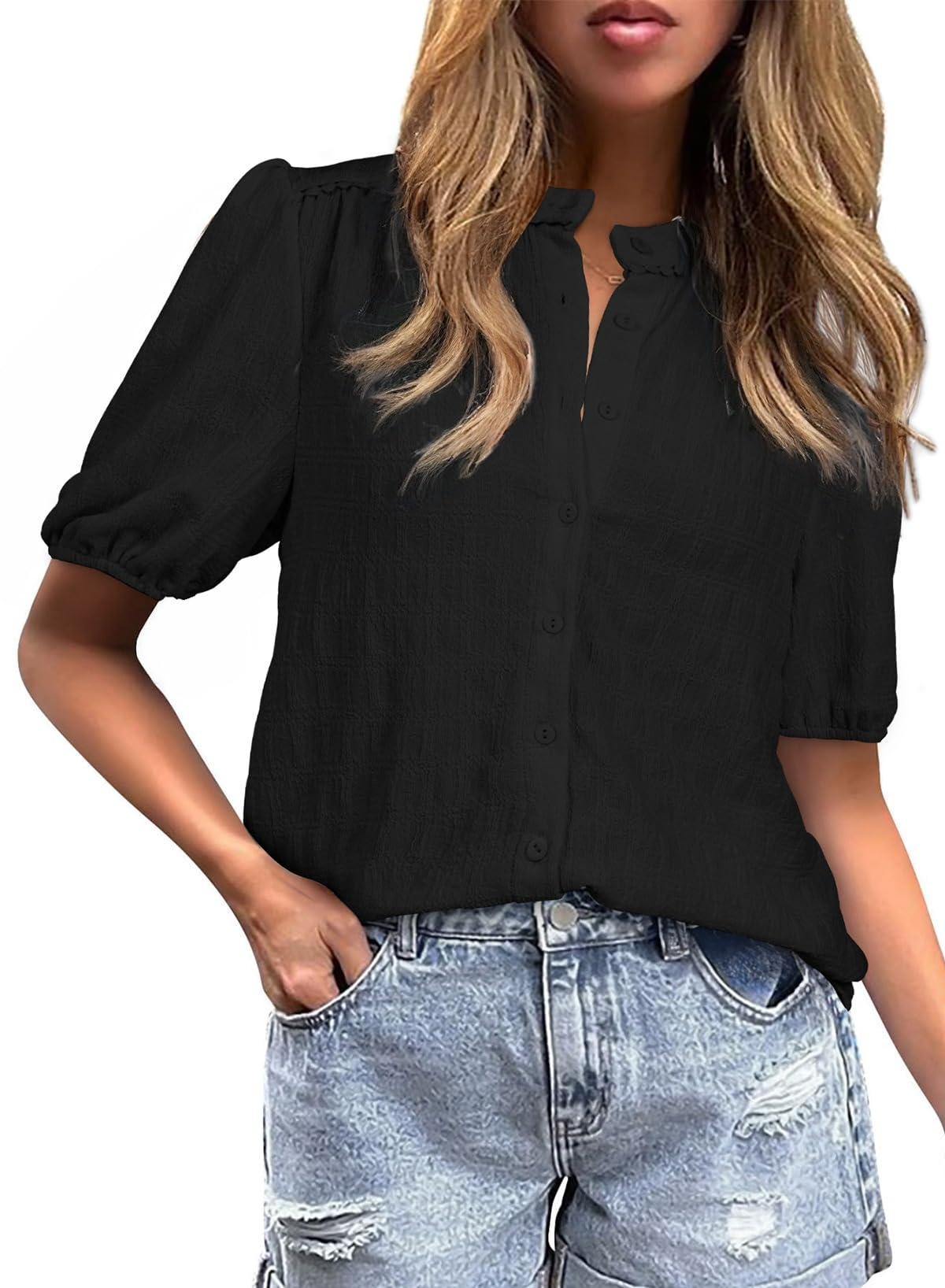 EVALESS Womens Button Down Shirts Cute Short Puff Sleeve V Neck Tops Spring Summer Blouses for Women Dressy Casual