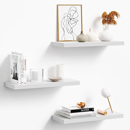 oridom Floating Shelves for Wall, White Wood WallShelf Set of 3, 16" Wall Mounted Floating Shelf for Kitchen, Living Room, Bedroom, Bathroom Storage, Book Shelf for Walls Home Decor, Frame Display - 16inch - White