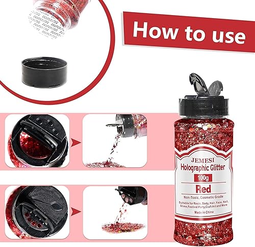 Miniatura 2 de Purpurina holográfica gruesa, 3.53 onzas de purpurina cosmética roja para resina epoxi, lentejuelas para uñas, copos iridiscentes, cuerpo, cara,