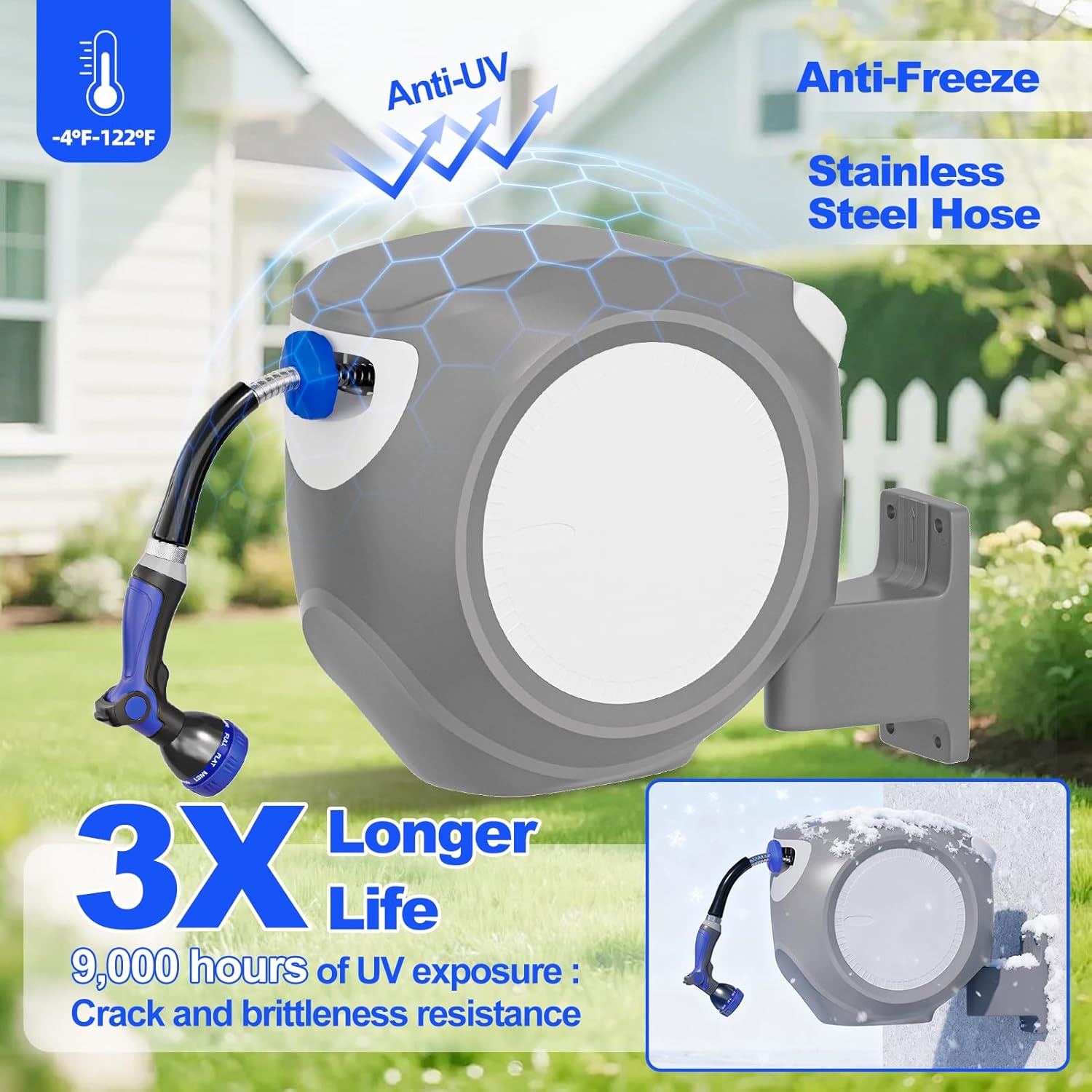 SPECILITE Retractable Garden Hose Reel 100 FT, 304 Stainless Steel Water Pipe, 3x Life, Leak-Proof, UV & Freeze Resistant, Automatic Rewind & Any Length Lock, Wall Mount Hose Reels for Outside