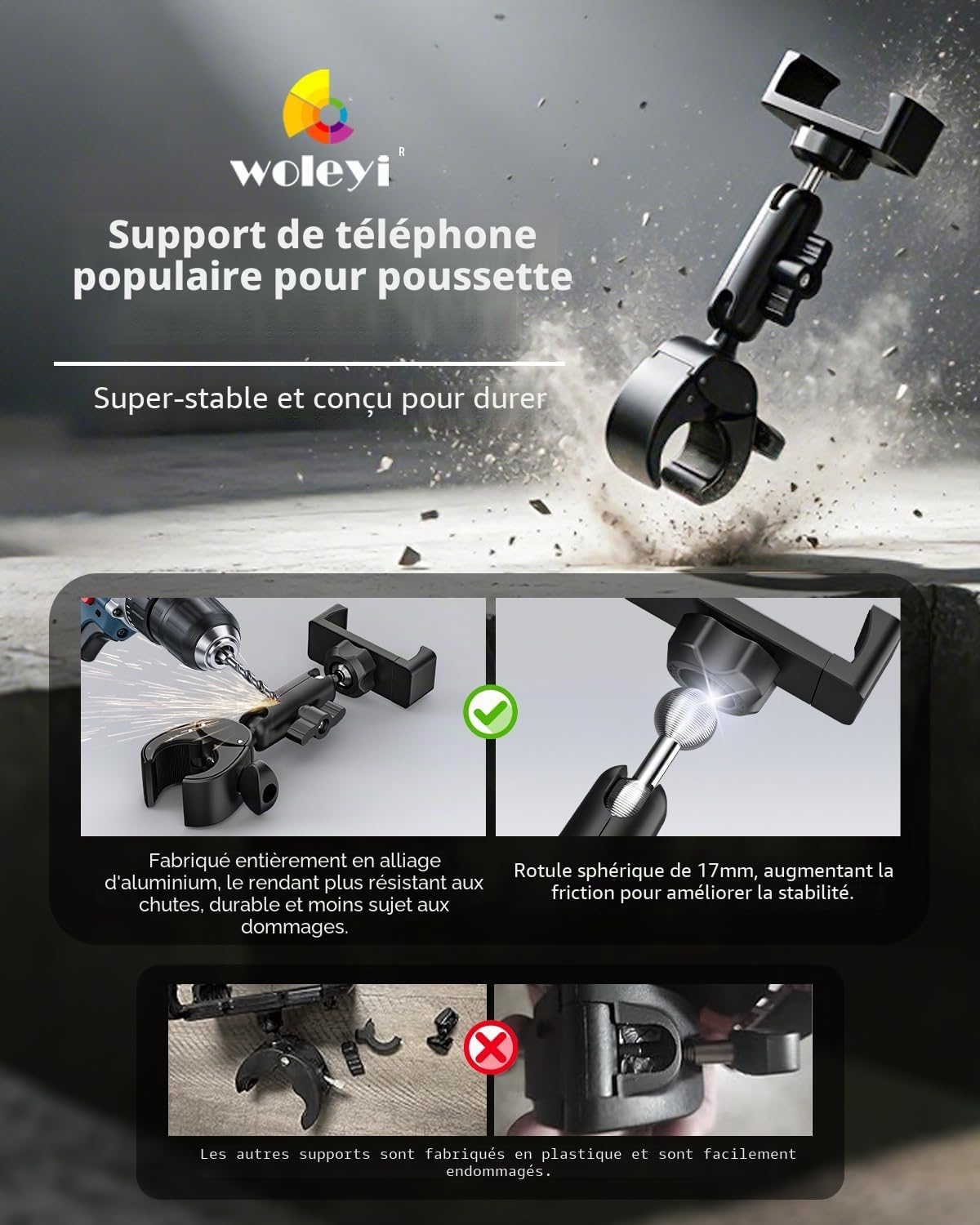 Support Téléphone Poussette - Bras Métallique à 360° & Super Stable | Velo Appartement Home Trainer Tapis de Course Support Guidon pour iPhone 17 Pro Max, 16, 15, Galaxy S26, S25, Pixel, 4-7"