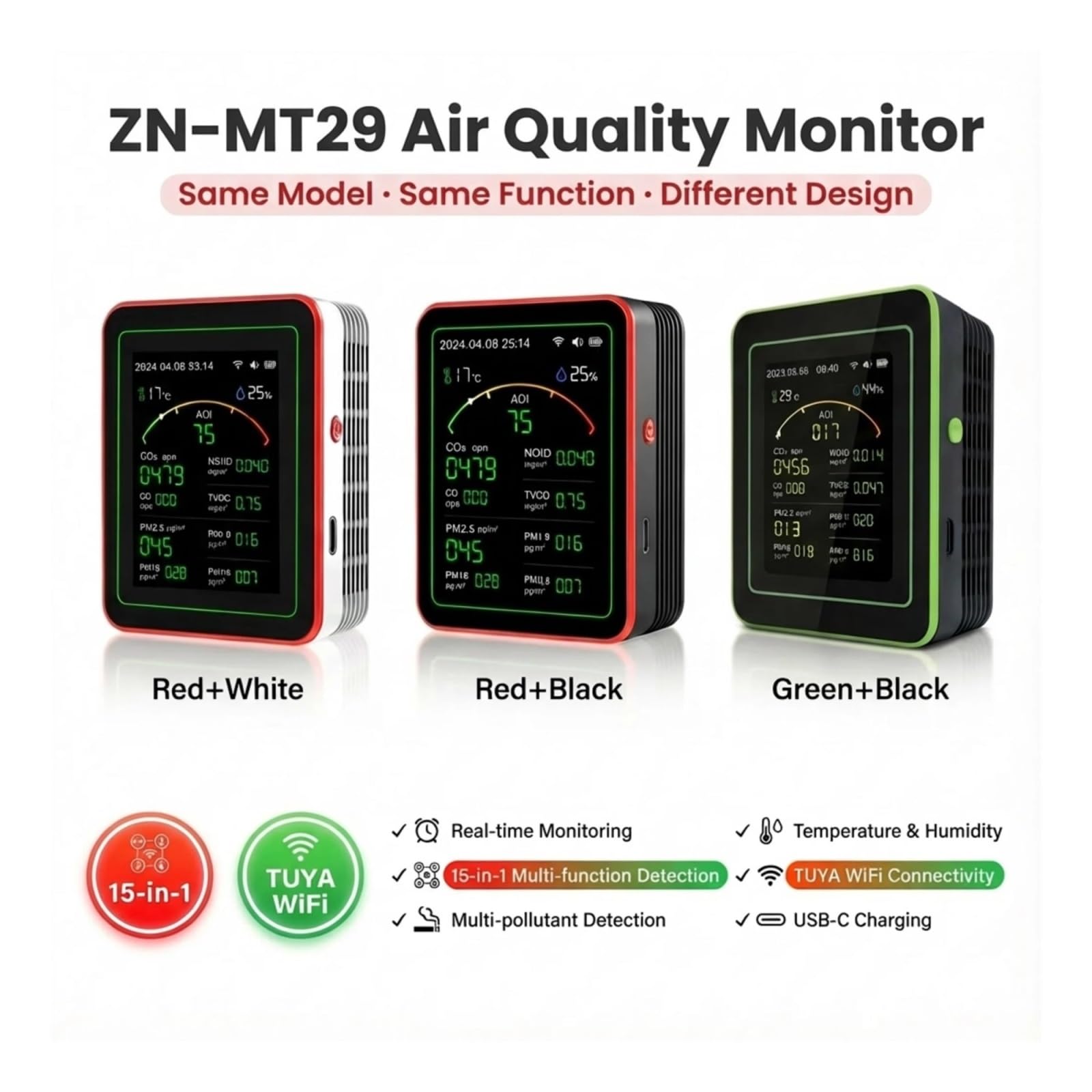 Monitor de calidad del aire, Monitor De Calidad Del Aire 15 En 1 Con Aplicación WiFi, Detector Gas Recargable Por USB, Medidor Sensor PM2.5 PM10 PM0.3 TVOC HCHO CO Co2(MT29 Red Black)