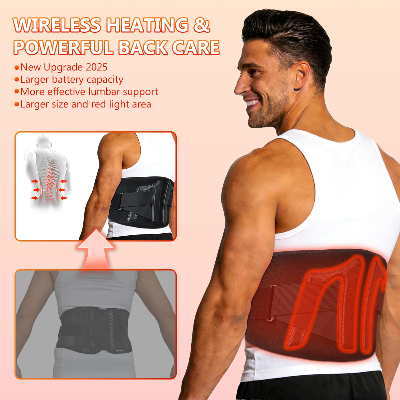 Longzhuo Cinturón de terapia de luz roja con masaje de calor y vibración, 5 temperaturas y 5 modos, almohadilla térmica portátil de 5000 mAh para espalda, hombros, abdomen, alivio del dolor de piernas