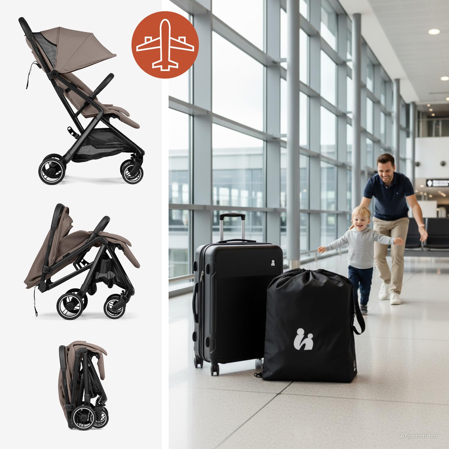 hauck All-in-One Reisebuggy Set, Flugzeug Handgepäck, Fly N Care Mocha | Einhändig klappbar mit Tragetasche, Tragegurt, Sitzauflage, UV-Schutz 50+, XL Netzfenster, Liegeposition ab Geburt bis 22 kg