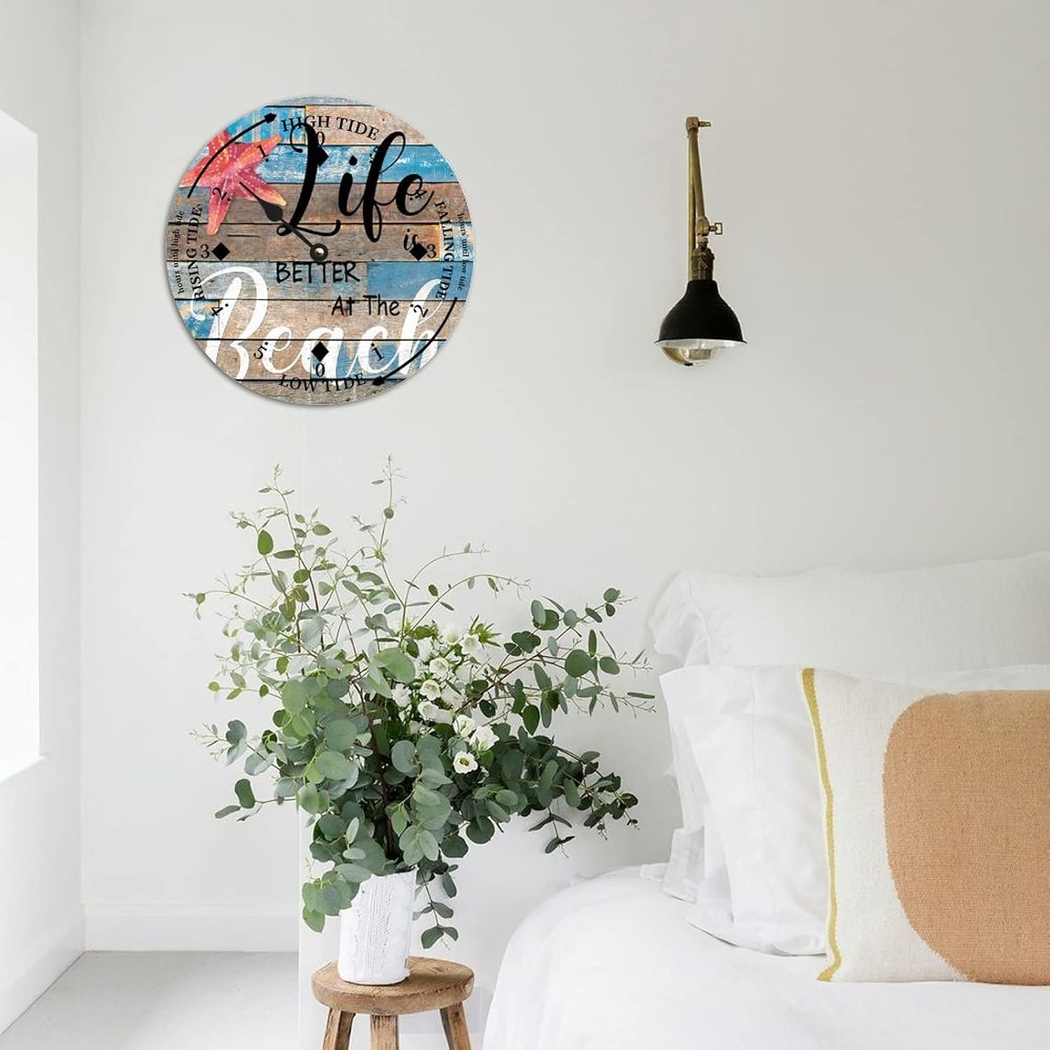 Starfish Life is Better at The Beach Wood Tidal Clock Ocean Time Coastal High Tide Low Tide Clock Rustic Wooden Nautical Tide Movement Vintage Decor for Beach House Kitchen Wall Art 15 Inch