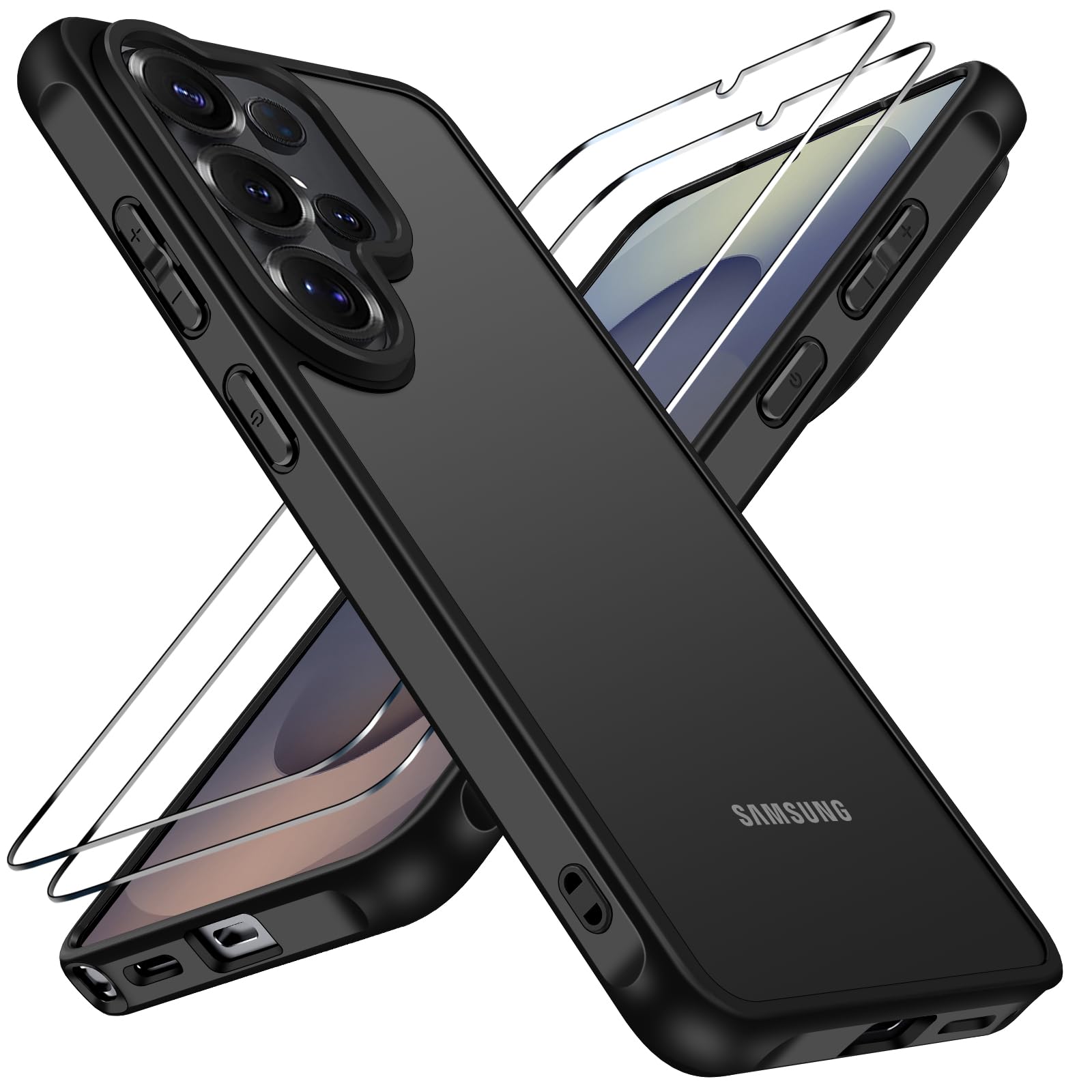 ivoler Matowe etui do Samsung Galaxy S26 Ultra 5G z 2 sztukami ze szkła hartowanego, [ochrona wojskowa] Etui ochronne odporne na wstrząsy z tyłu Półprzezroczysty Odporny na odciski palców, czarny
