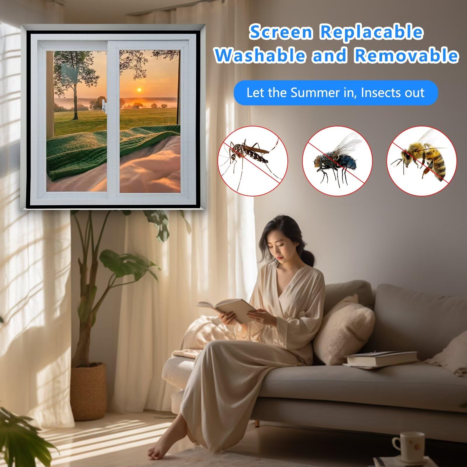Ventana mosquitera 180x180cm Mosquitera para ventana de alta transparencia con cinta adhesiva, fácil instalación,blanco