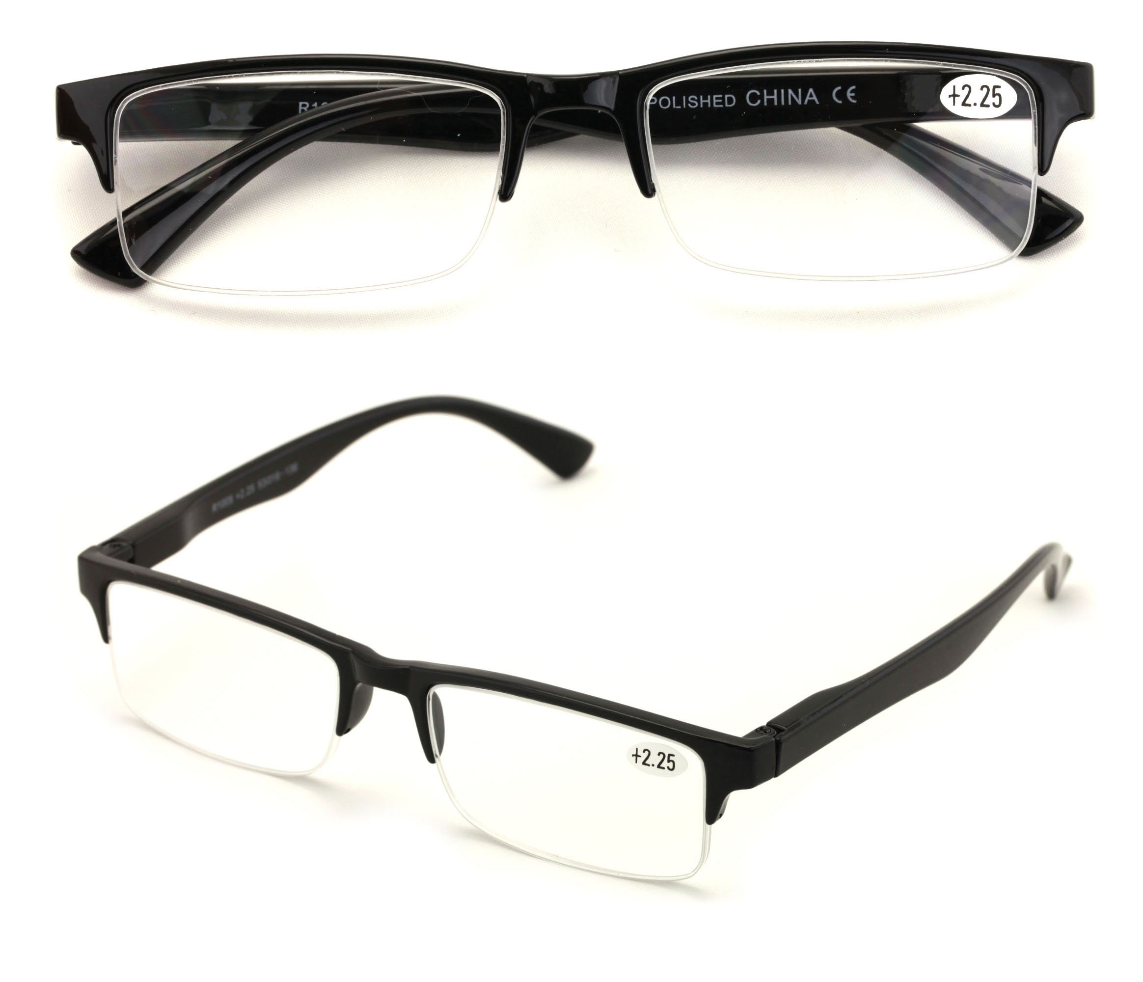 2 Pairs Rectangular Half Rim Reading Glasses - Simple Classic Reader (Black, 1.25)