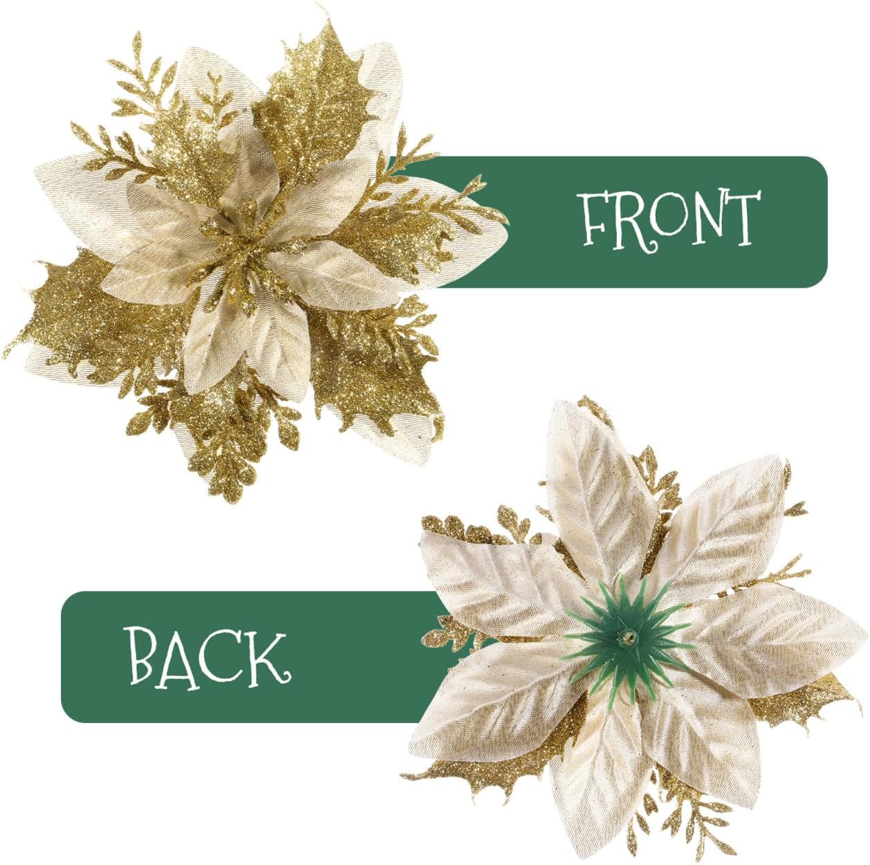 NUOBESTY Artificial Poinsettia Christmas Flowers, Gold Artificial Glitter Poinsettia Flowers Christmas Tree for s Wedding Party Wreath with Stems and Clips 12pcs